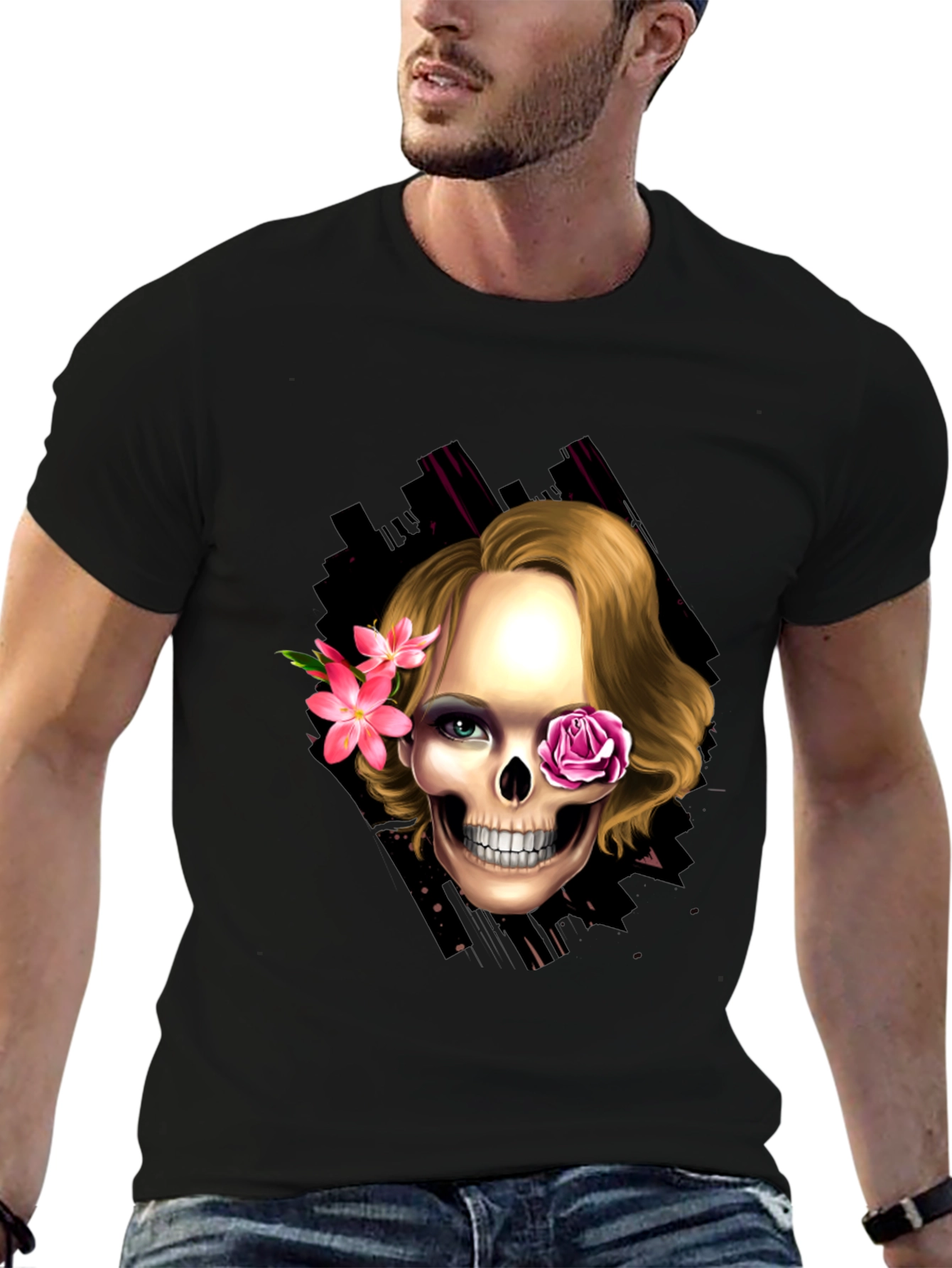 Black Skull & Flowers Graphic Tee - Trendy Halloween Style view 6