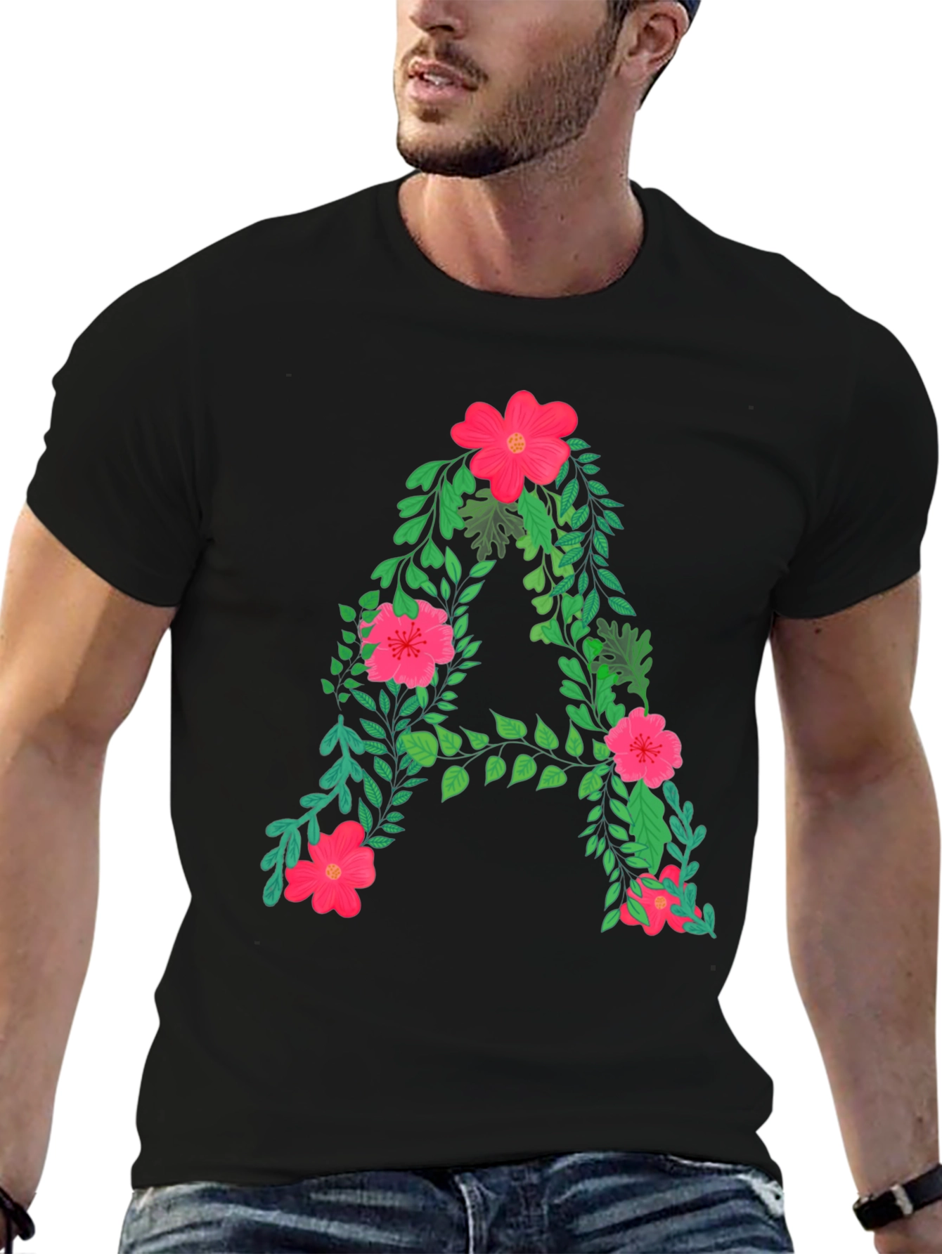 Black Floral Letter A Black T-Shirt view 6