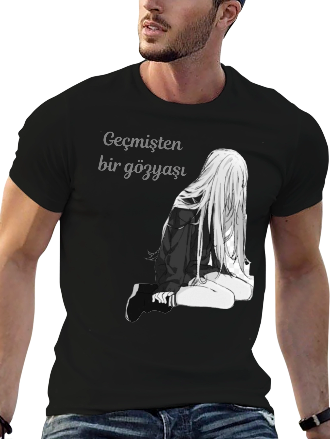 Black Anime Girl Graphic Print Black T-Shirt view 6