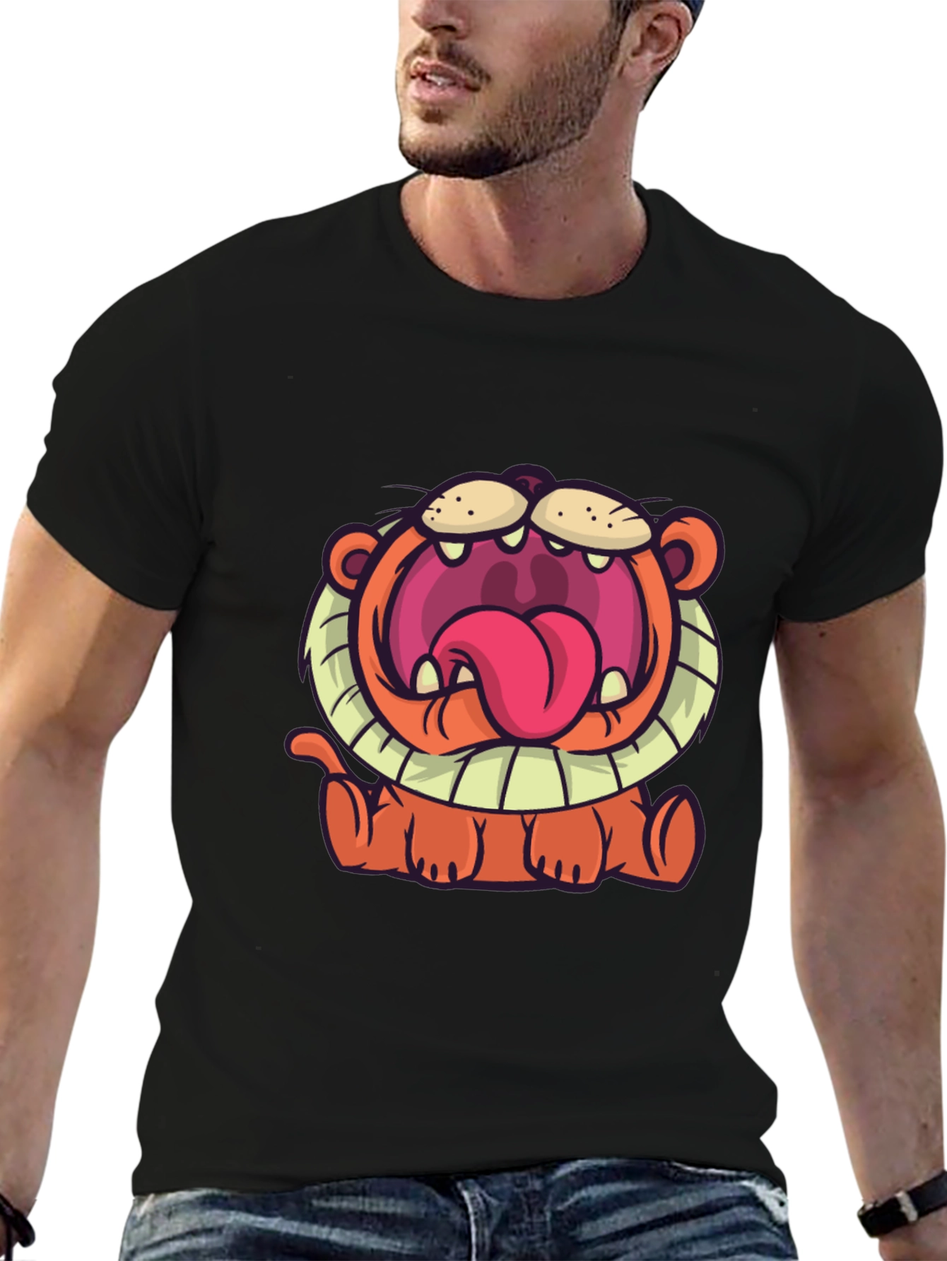 Black Cartoon Lion Graphic T-Shirt - Unisex Black Tee view 6