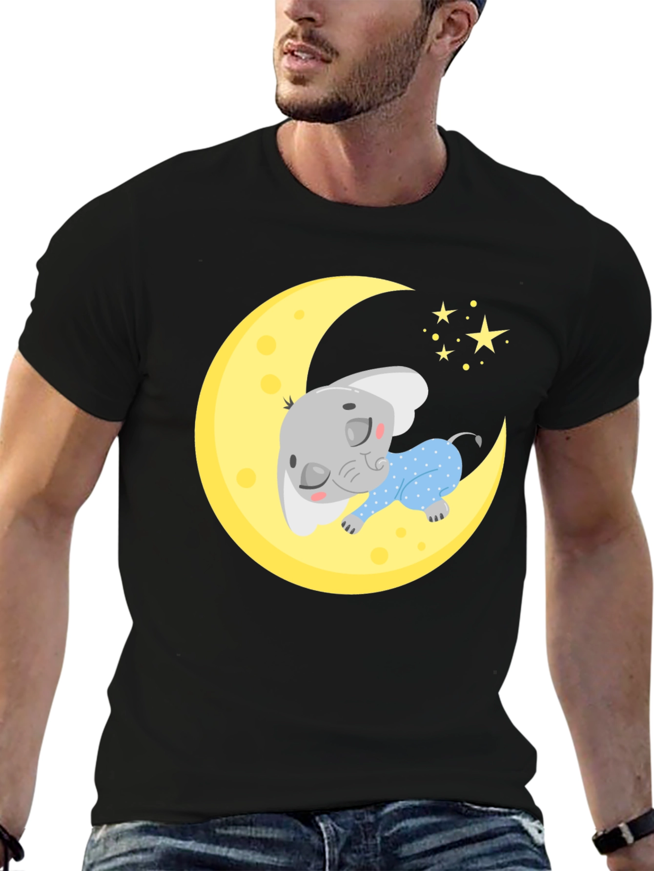 Black Cute Elephant On Moon Graphic Tee view 6