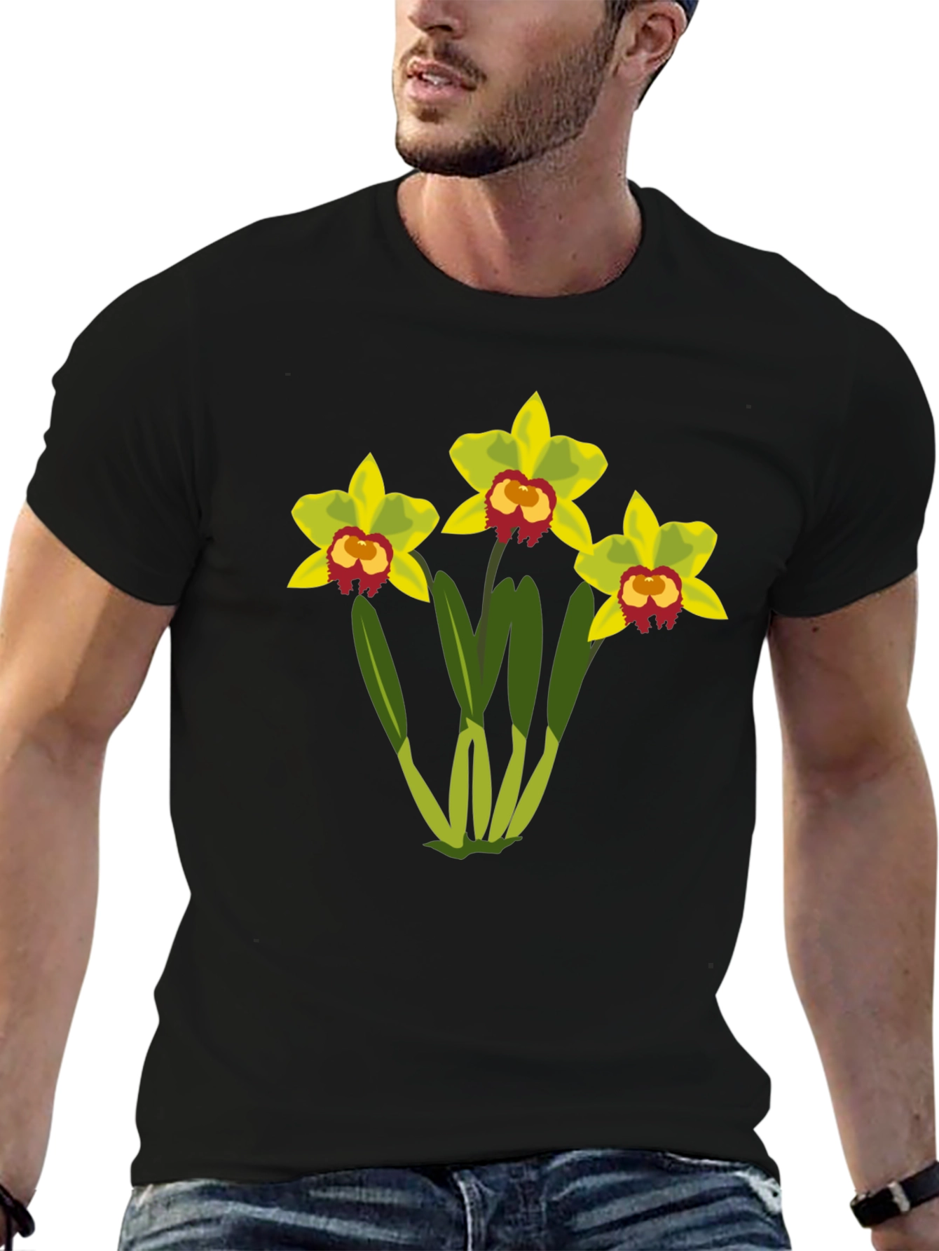 Black Floral Graphic T-Shirt - Black Cotton Tee with Orchid Design view 6