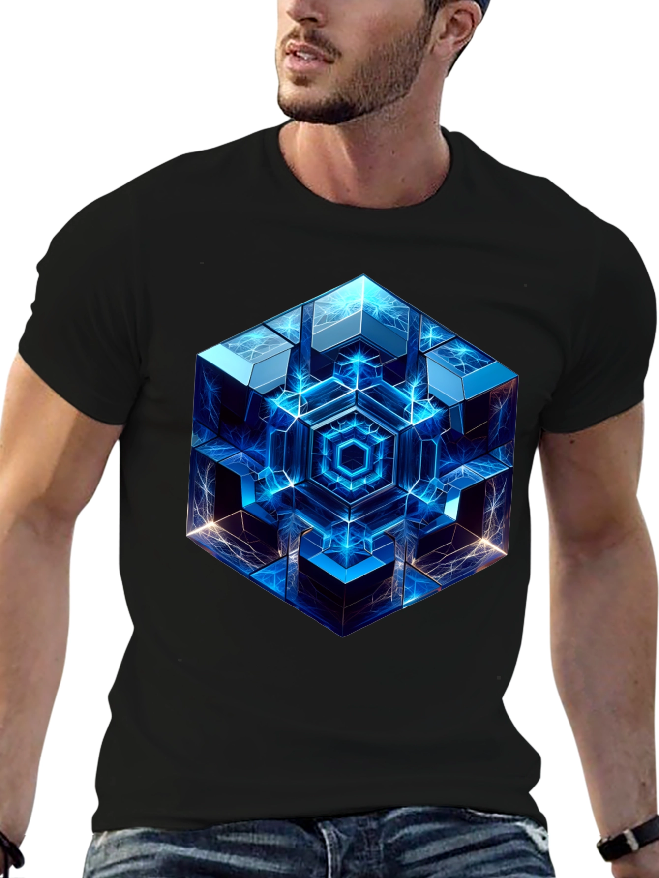 Black Geometric Cube Graphic Print Black T-Shirt view 6