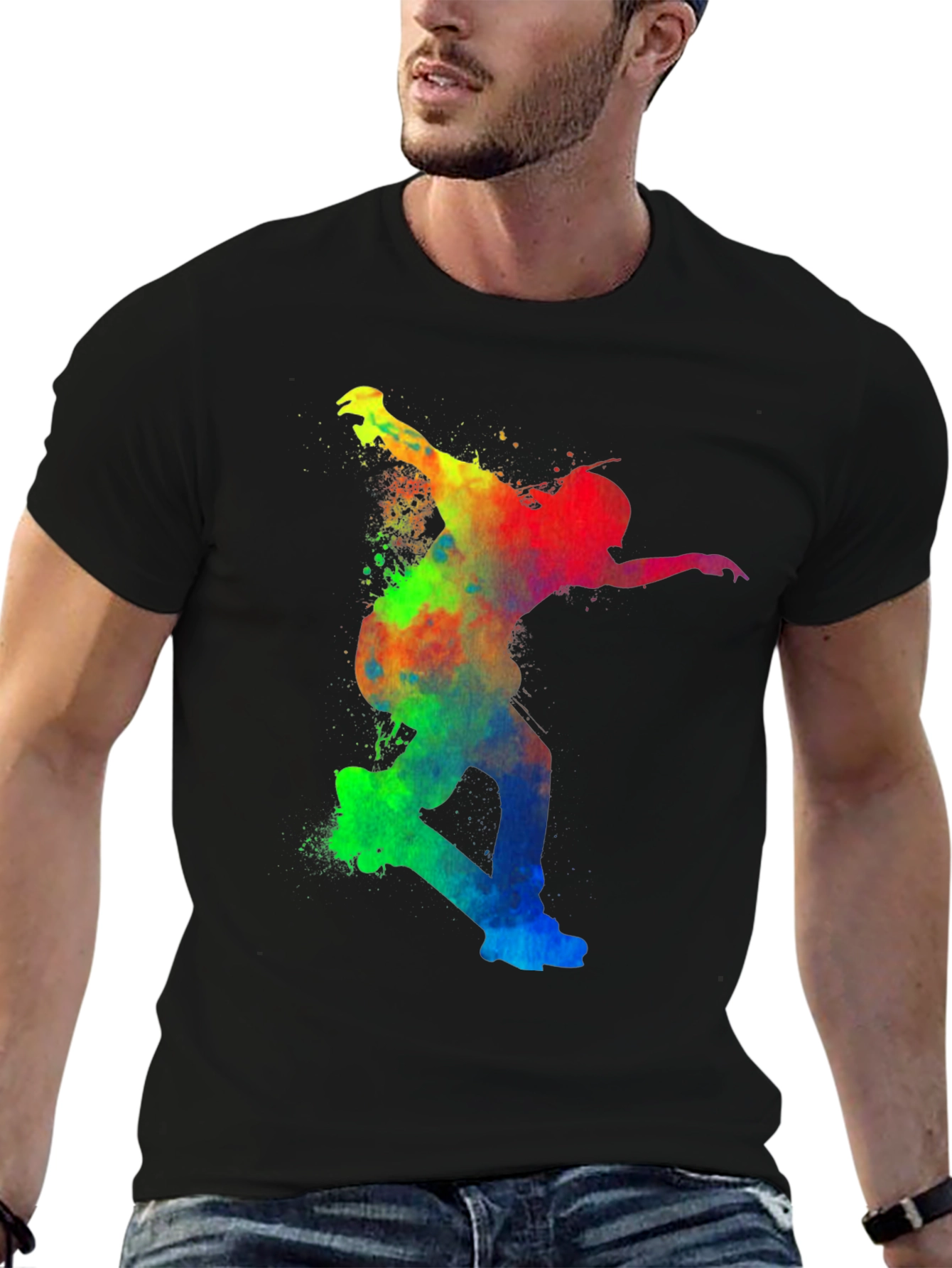 Black Colorful Skateboarder Graphic Tee - Unisex view 6