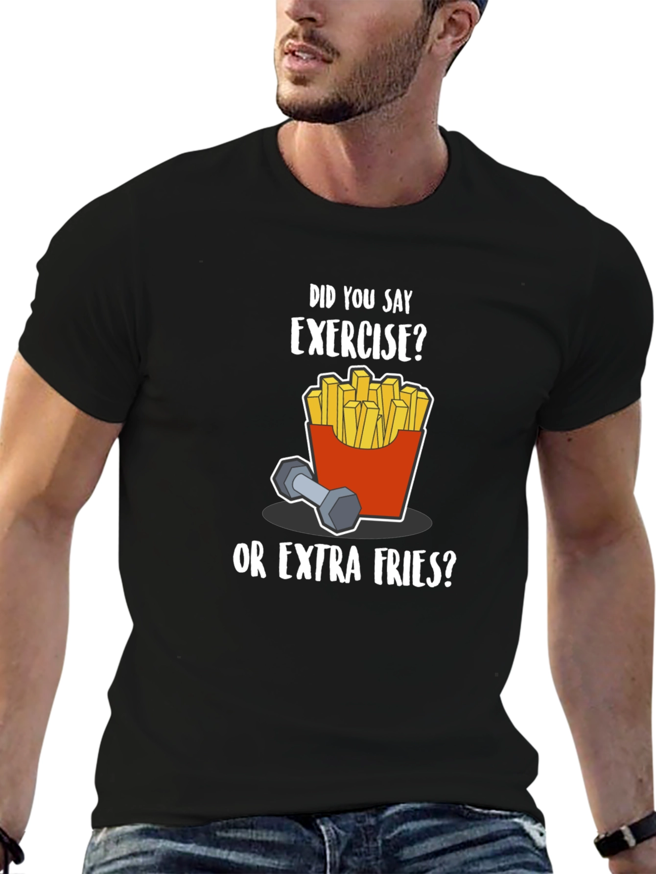 Black Funny Exercise Fries Graphic T-Shirt view 6