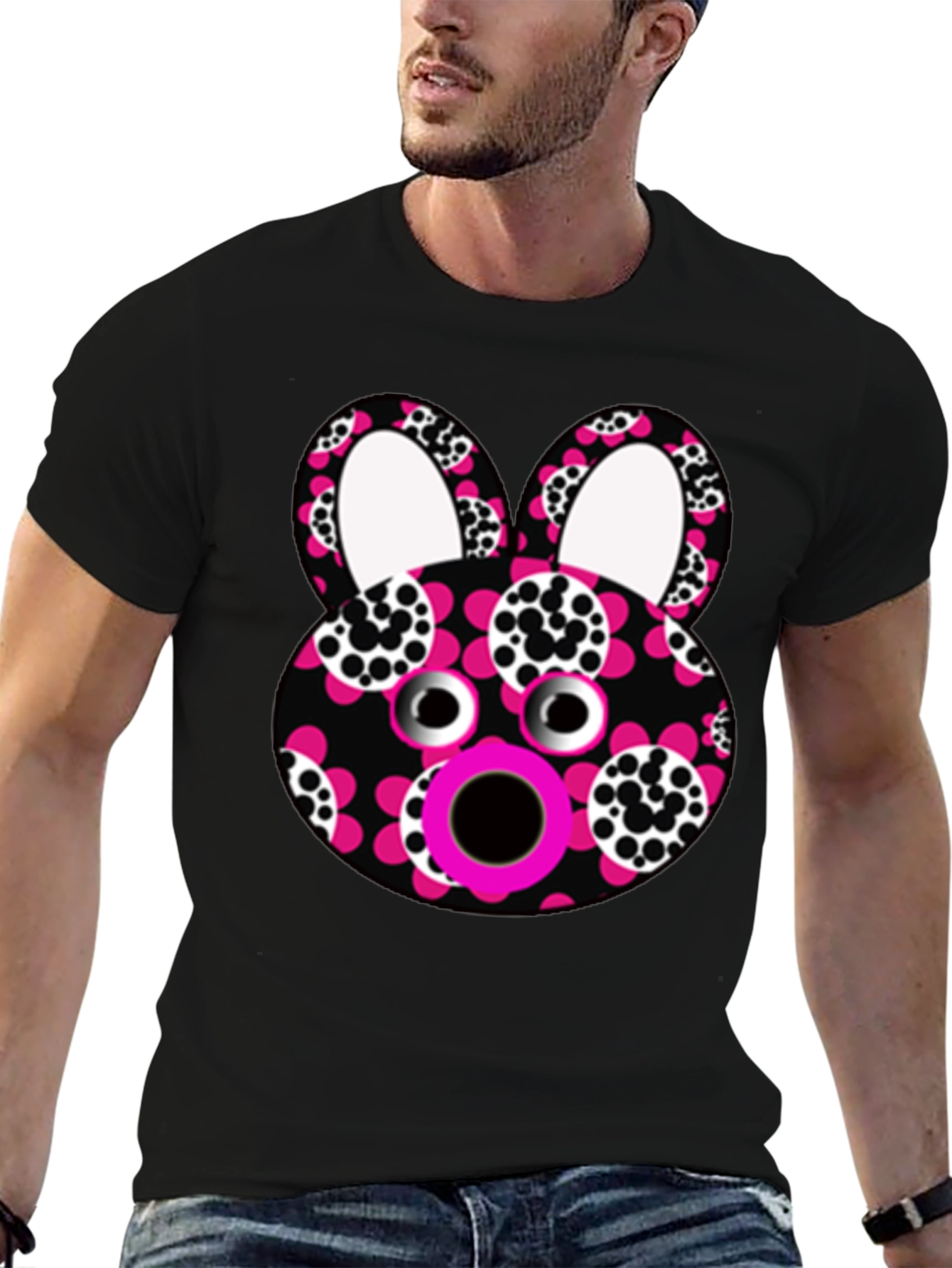 Black Funky Floral Bunny T-Shirt - Unique Graphic Tee view 6