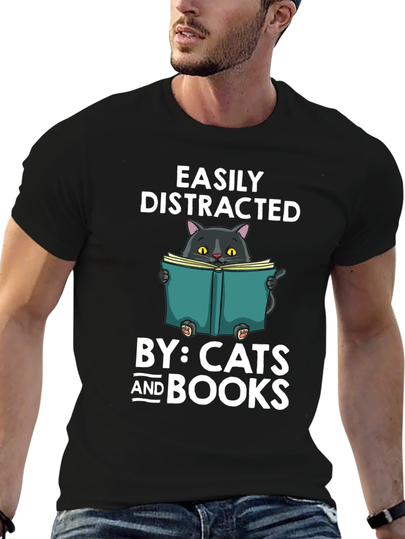 Black Easily Distracted By Cats and Books T-Shirt view 6