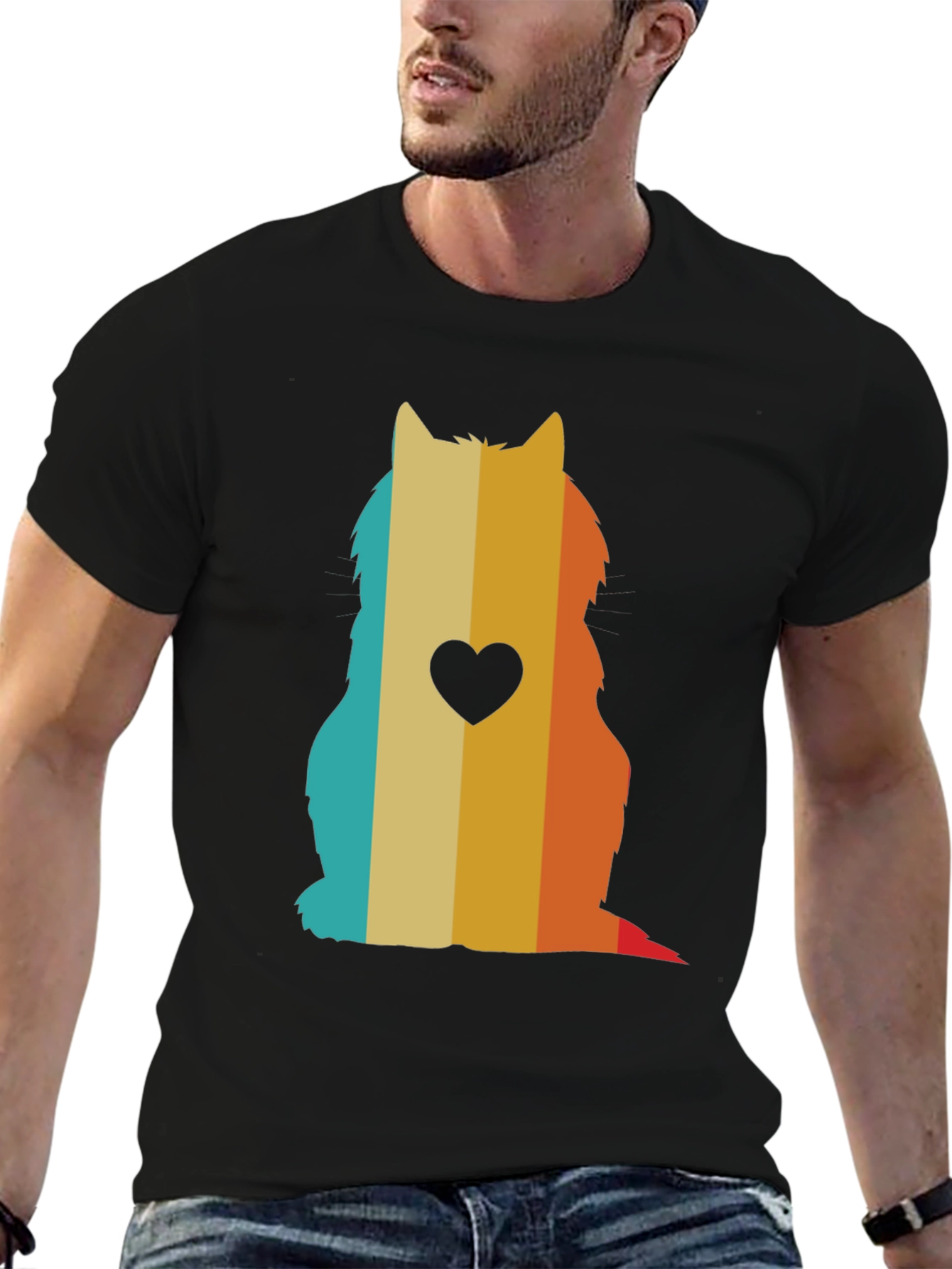 Black Retro Cat Silhouette T-Shirt - Heart Accent view 6