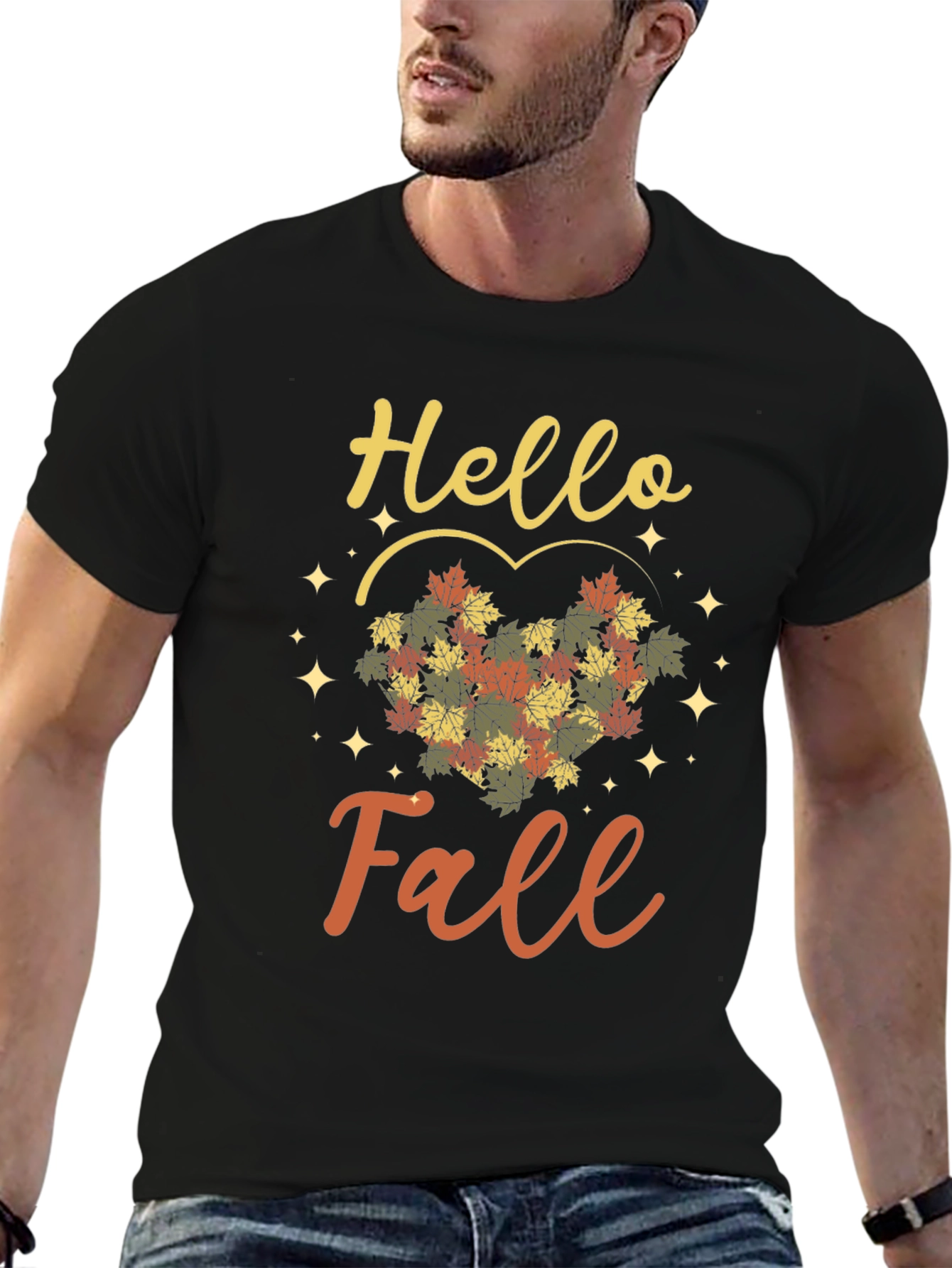 Black Hello Fall T-Shirt - Autumn Leaves Heart view 6