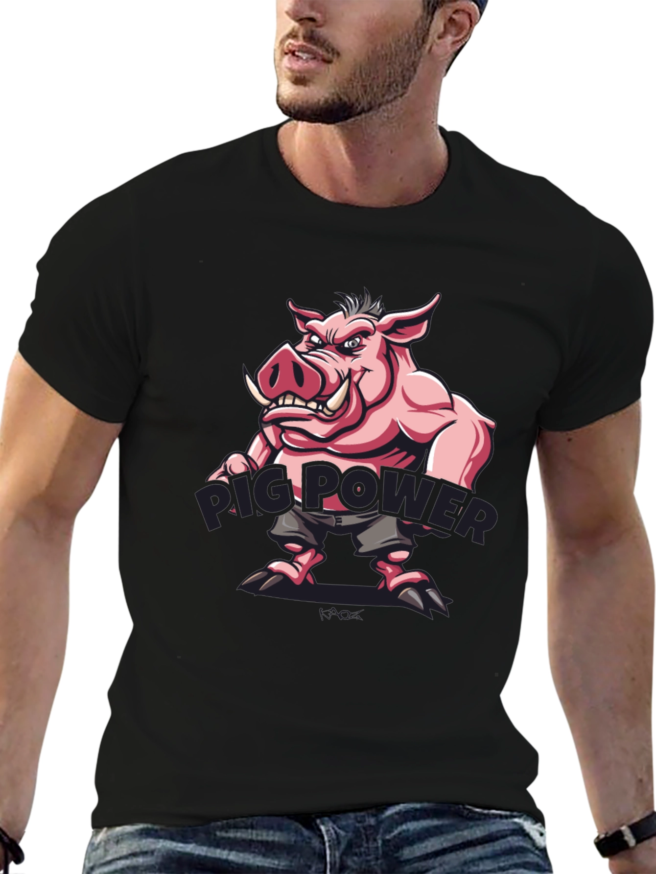Black Pig Power Cartoon Graphic T-Shirt view 6