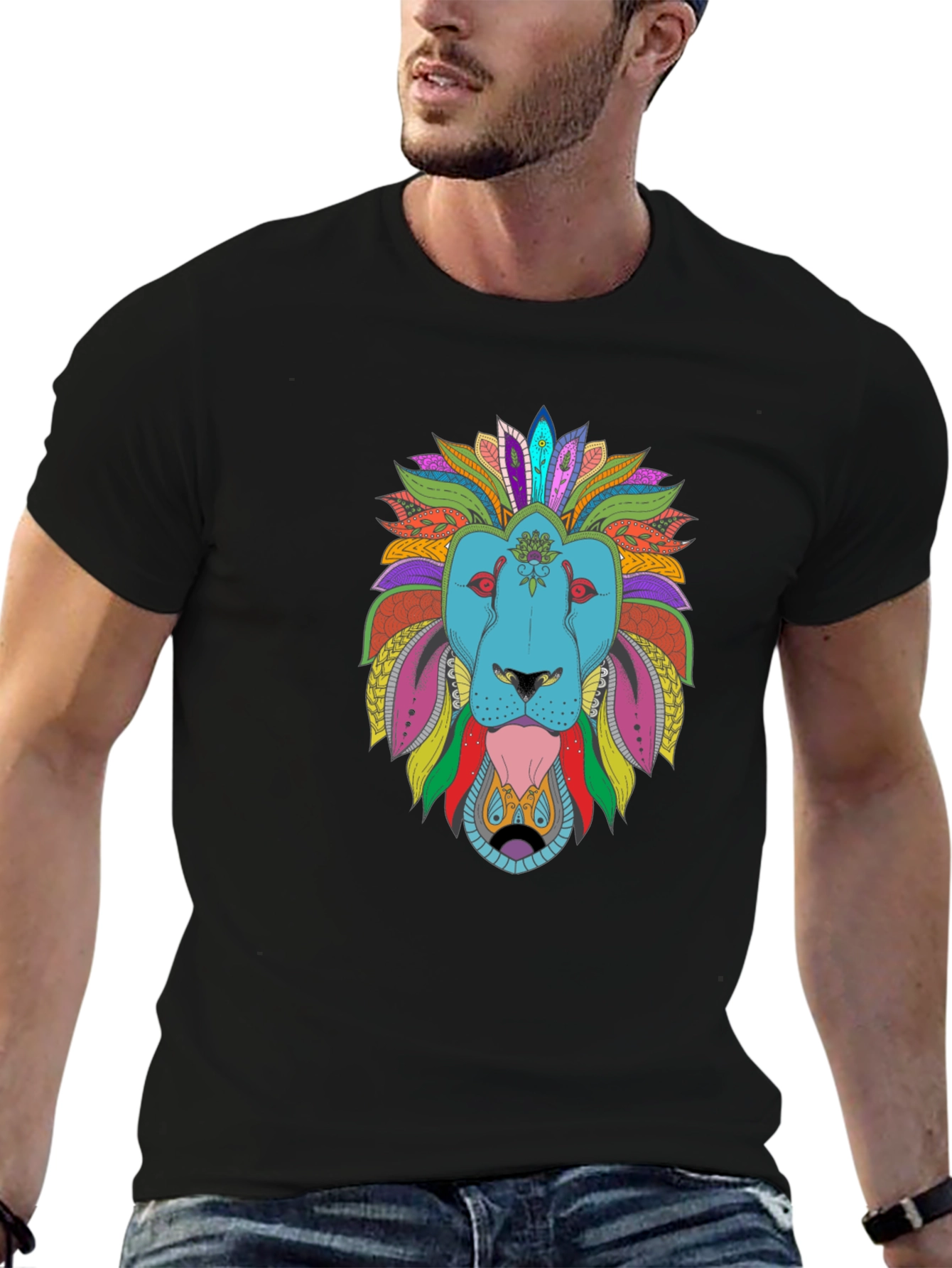 Black Colorful Lion Graphic Tee - Men's Black T-Shirt view 6