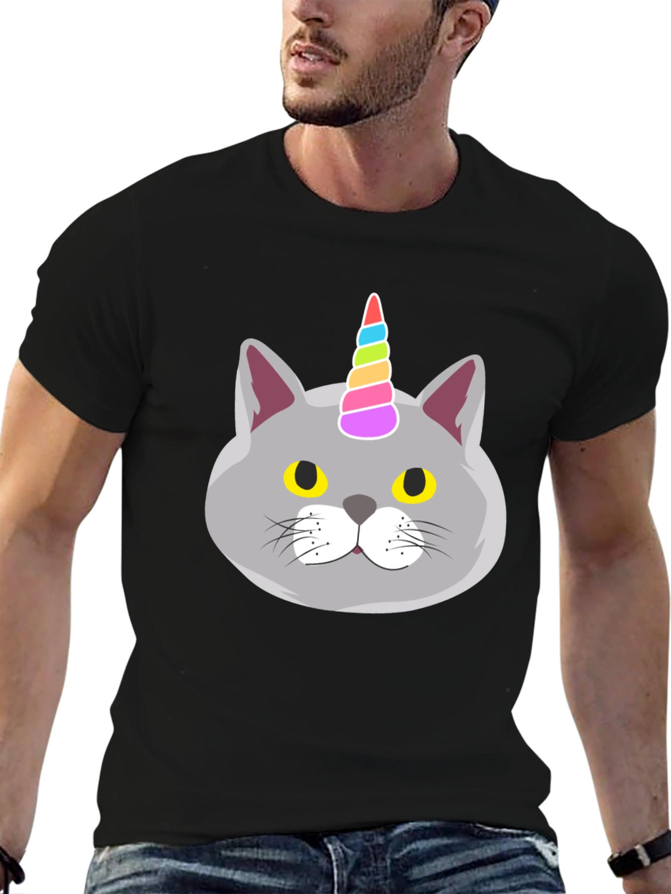 Black Unicorn Cat Graphic Tee - Men's Black T-Shirt view 6
