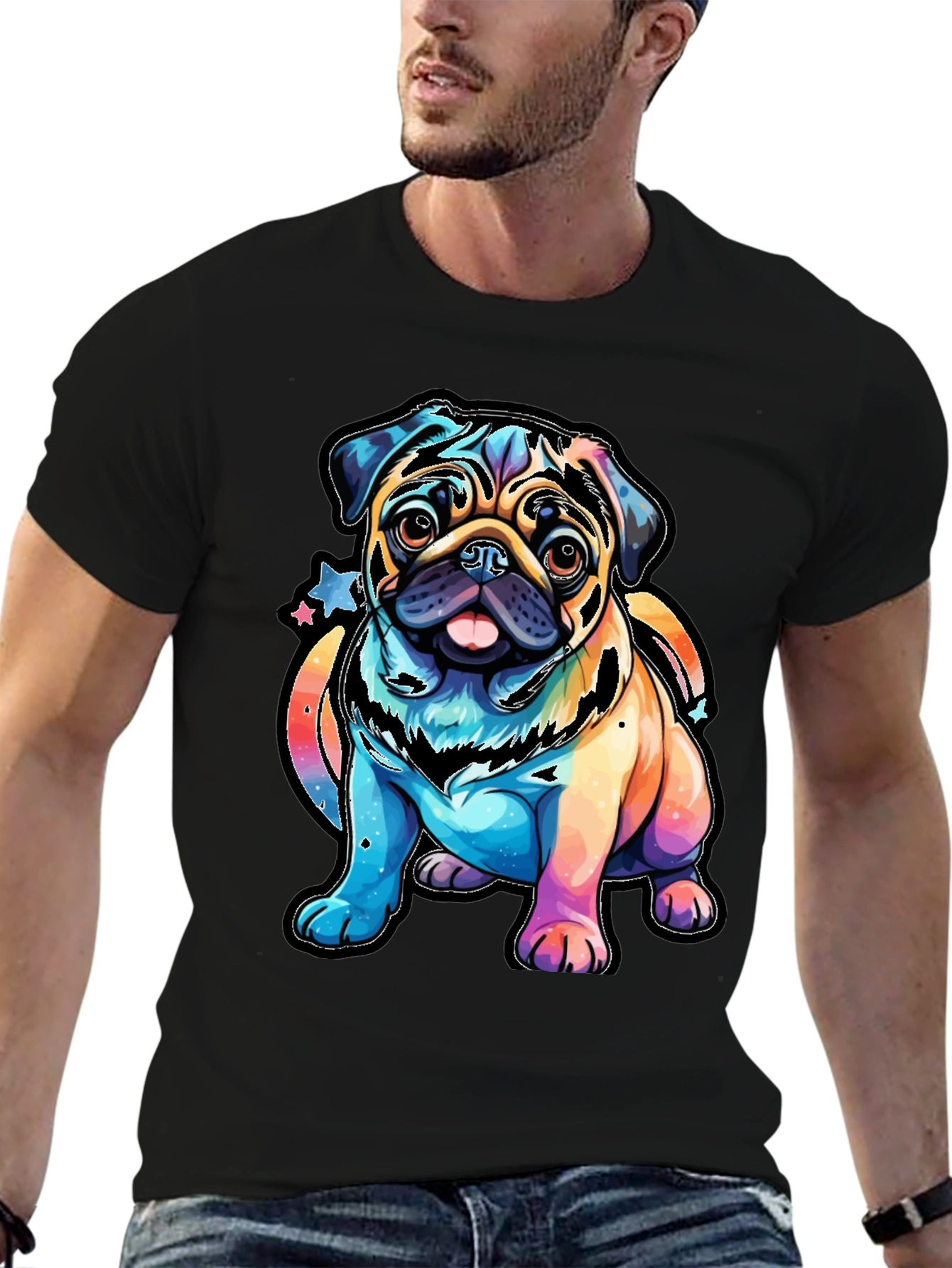 Black Colorful Pug Dog Graphic T-Shirt view 6