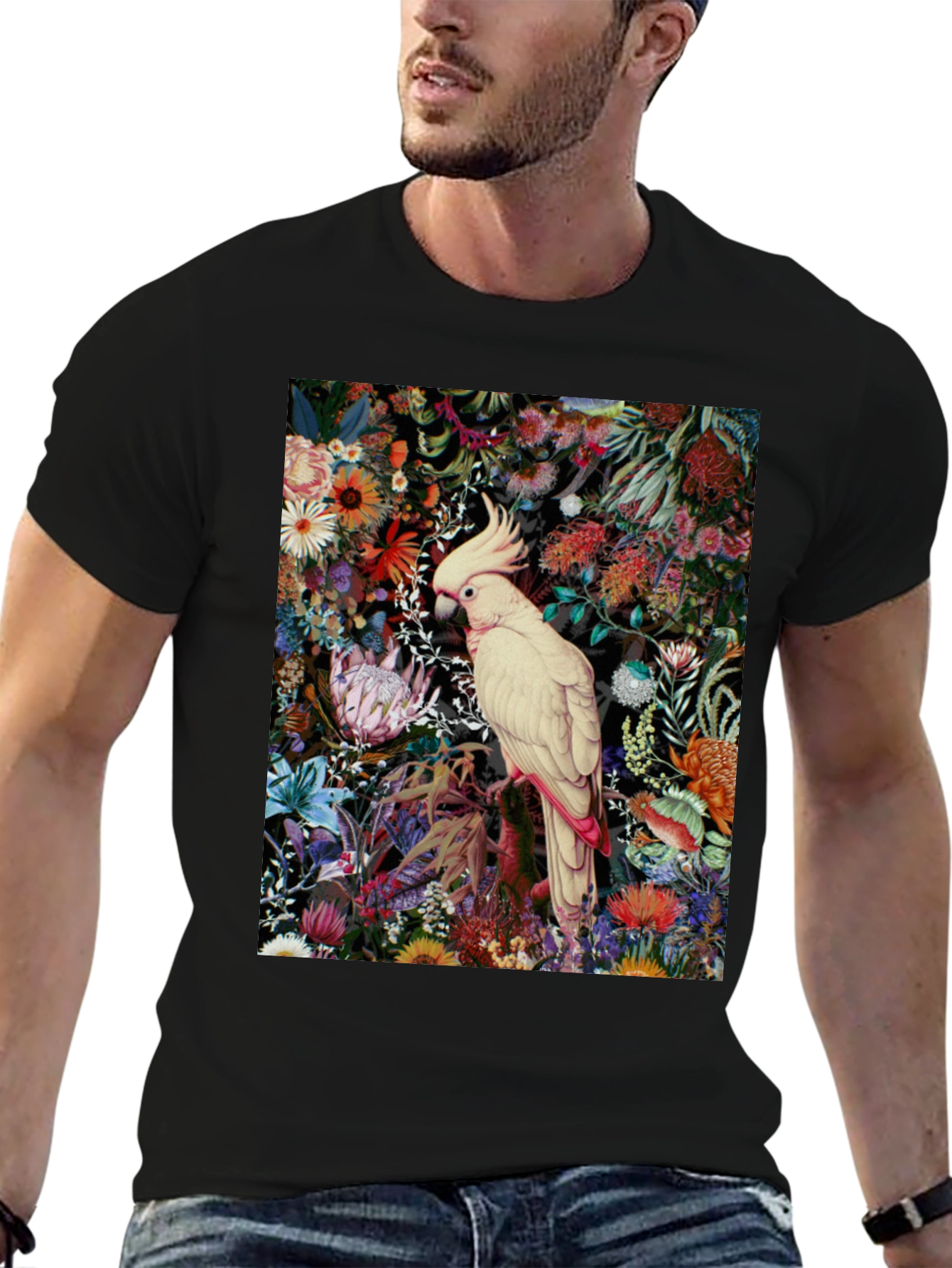 Black Floral Cockatoo Print Tee - Unique Graphic T-Shirt view 6