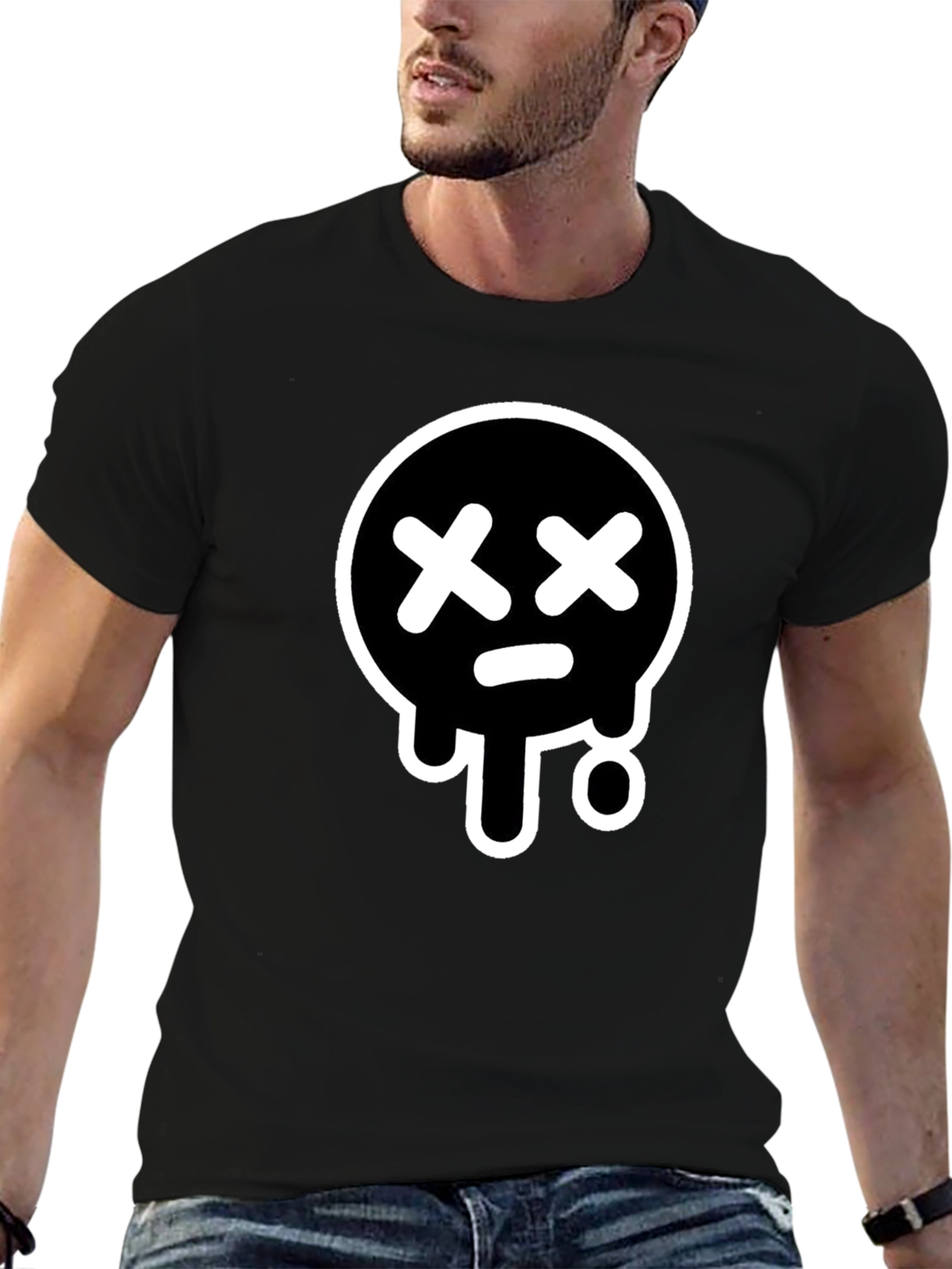 Black Black T-Shirt with White Drip Sad Face Design view 6