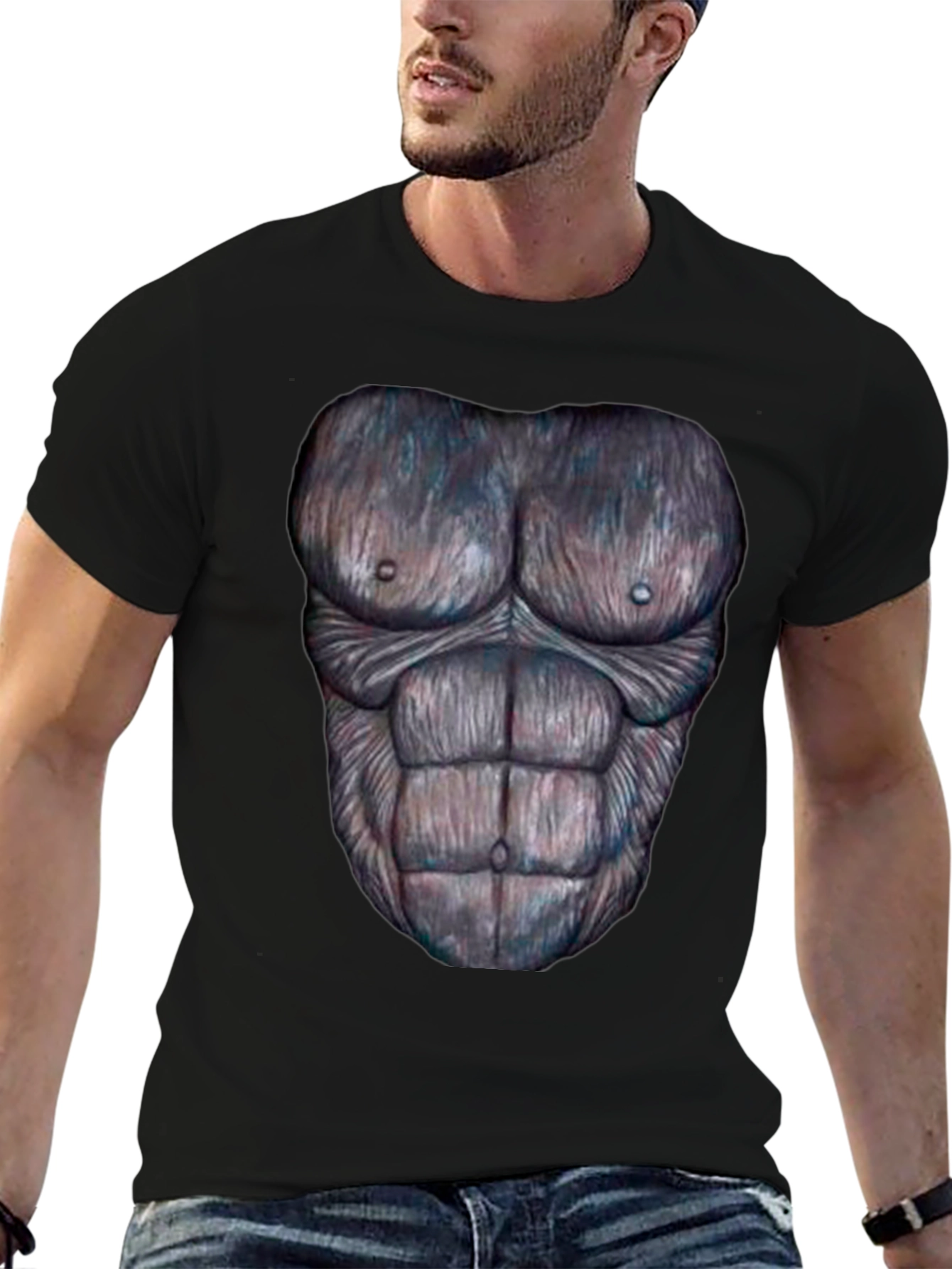 Black Funny Gorilla Chest Print Black T-Shirt view 6