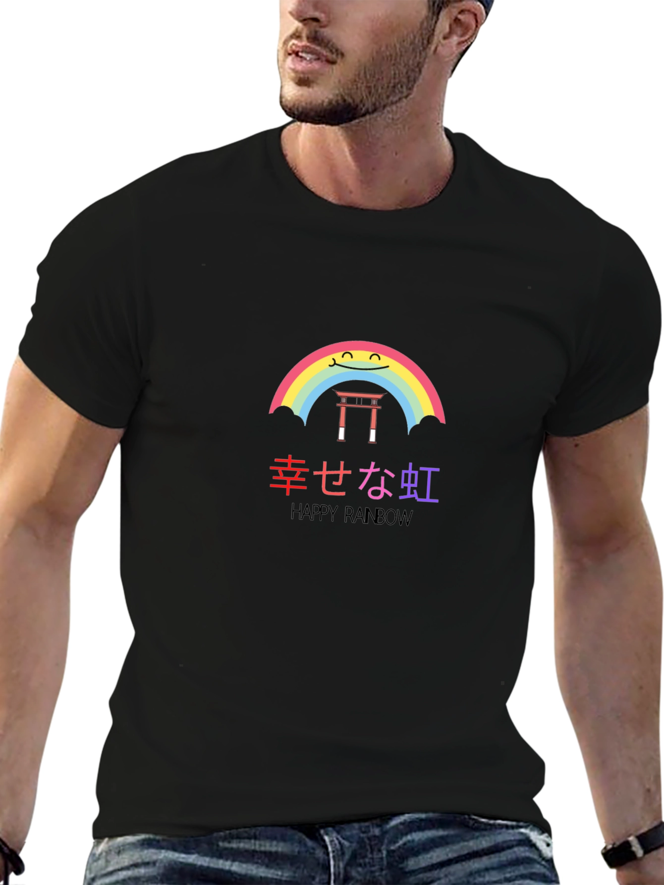 Black Happy Rainbow Graphic T-Shirt - Unisex Black Tee view 6
