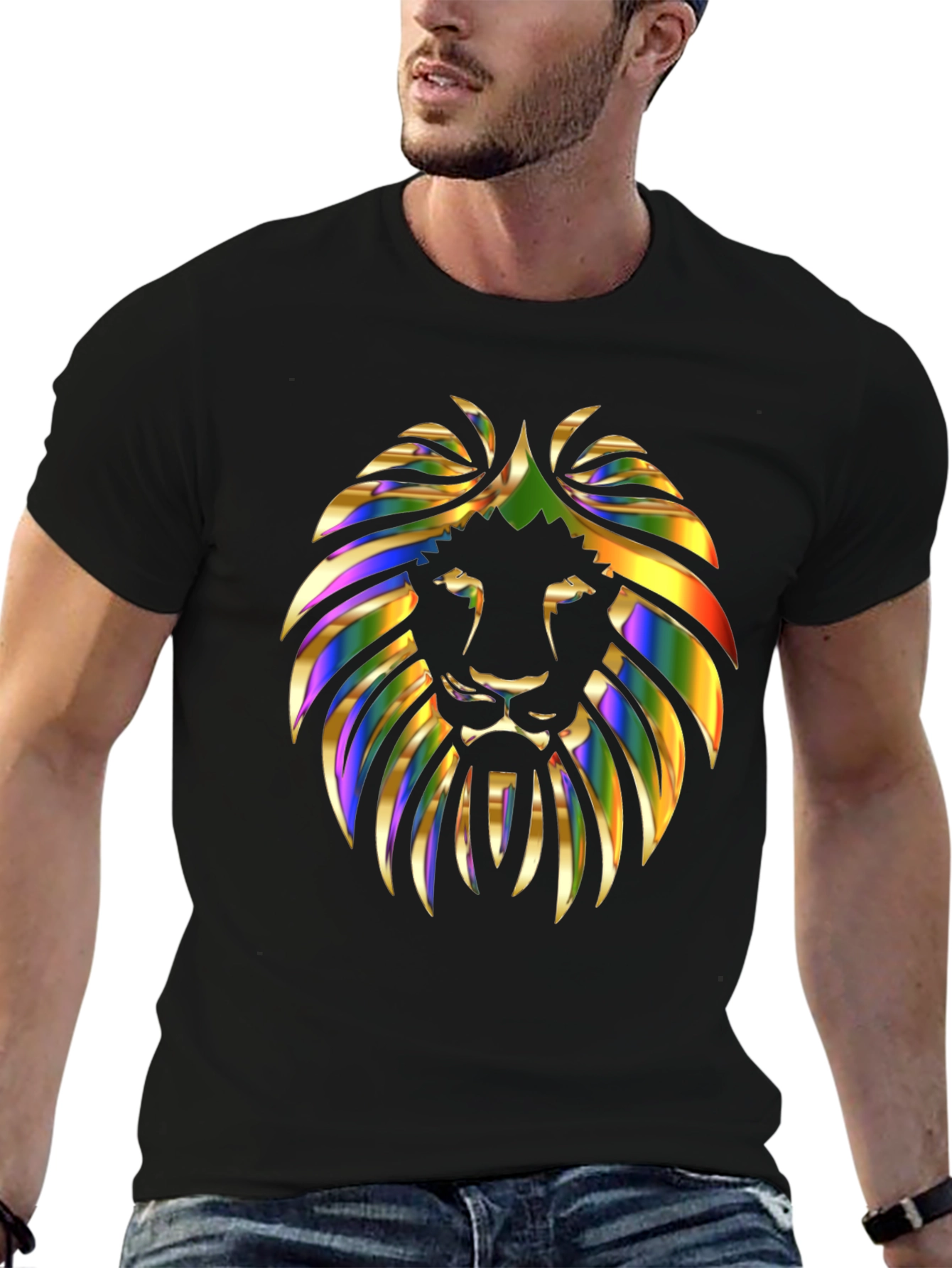 Black Vibrant Lion Graphic Print Men's Black T-Shirt view 6