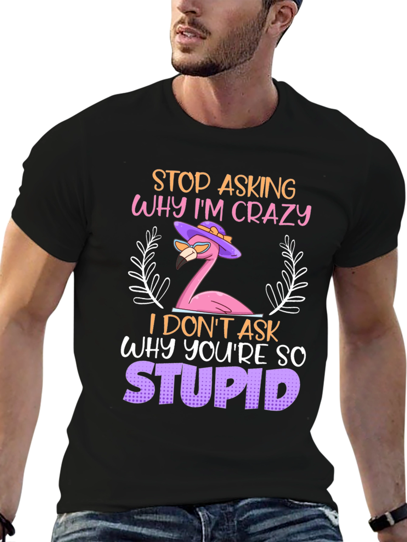 Black Crazy Flamingo Graphic Tee - Funny Novelty T-Shirt view 6