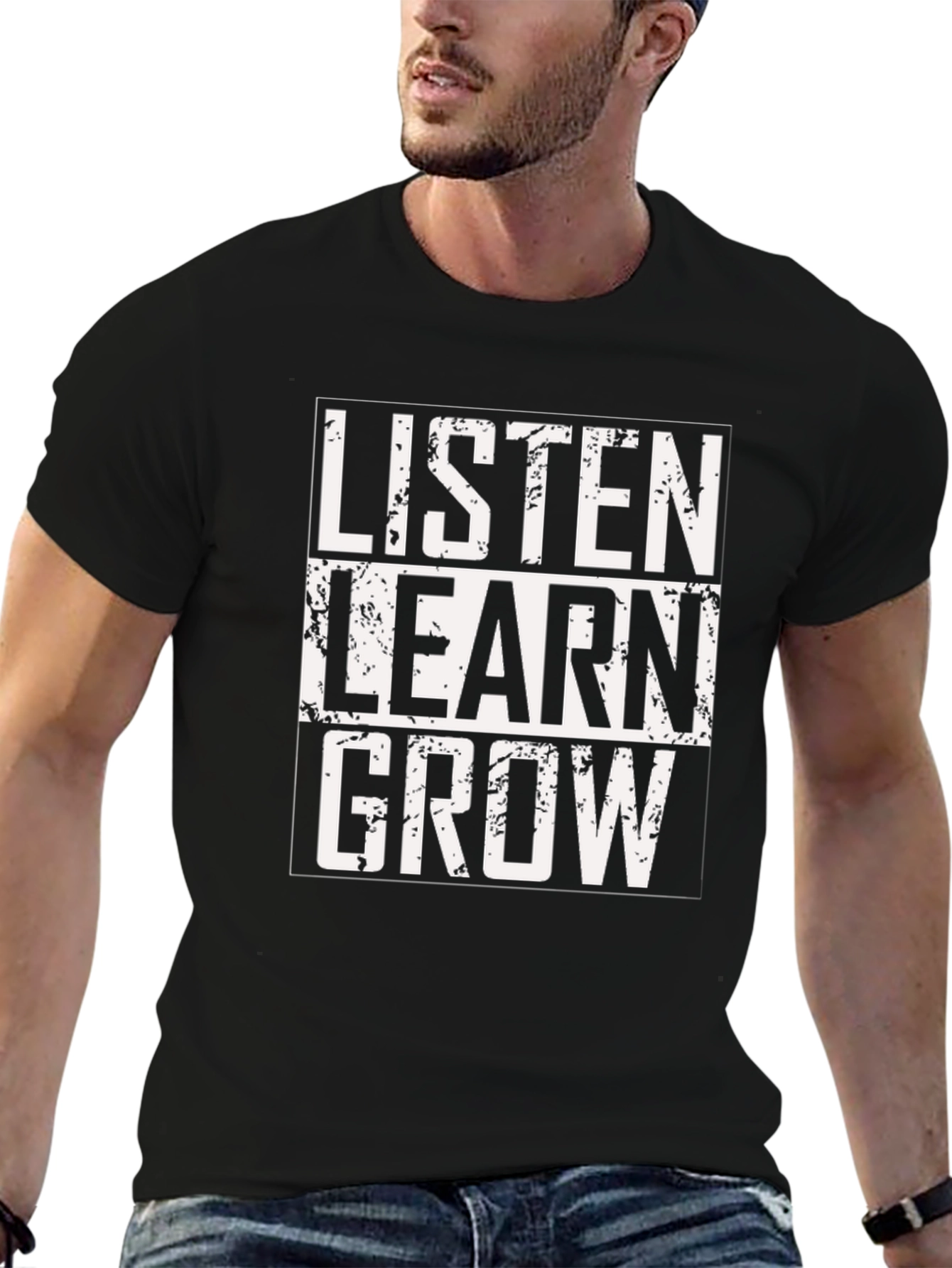 Black Listen Learn Grow T-Shirt - Motivational Graphic Tee view 6