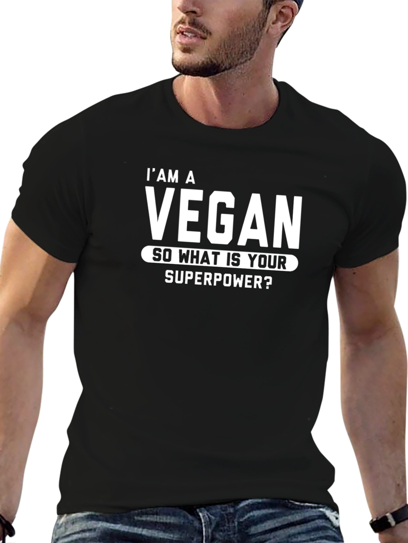 Black Vegan Superpower T-Shirt - Black Crew Neck view 6