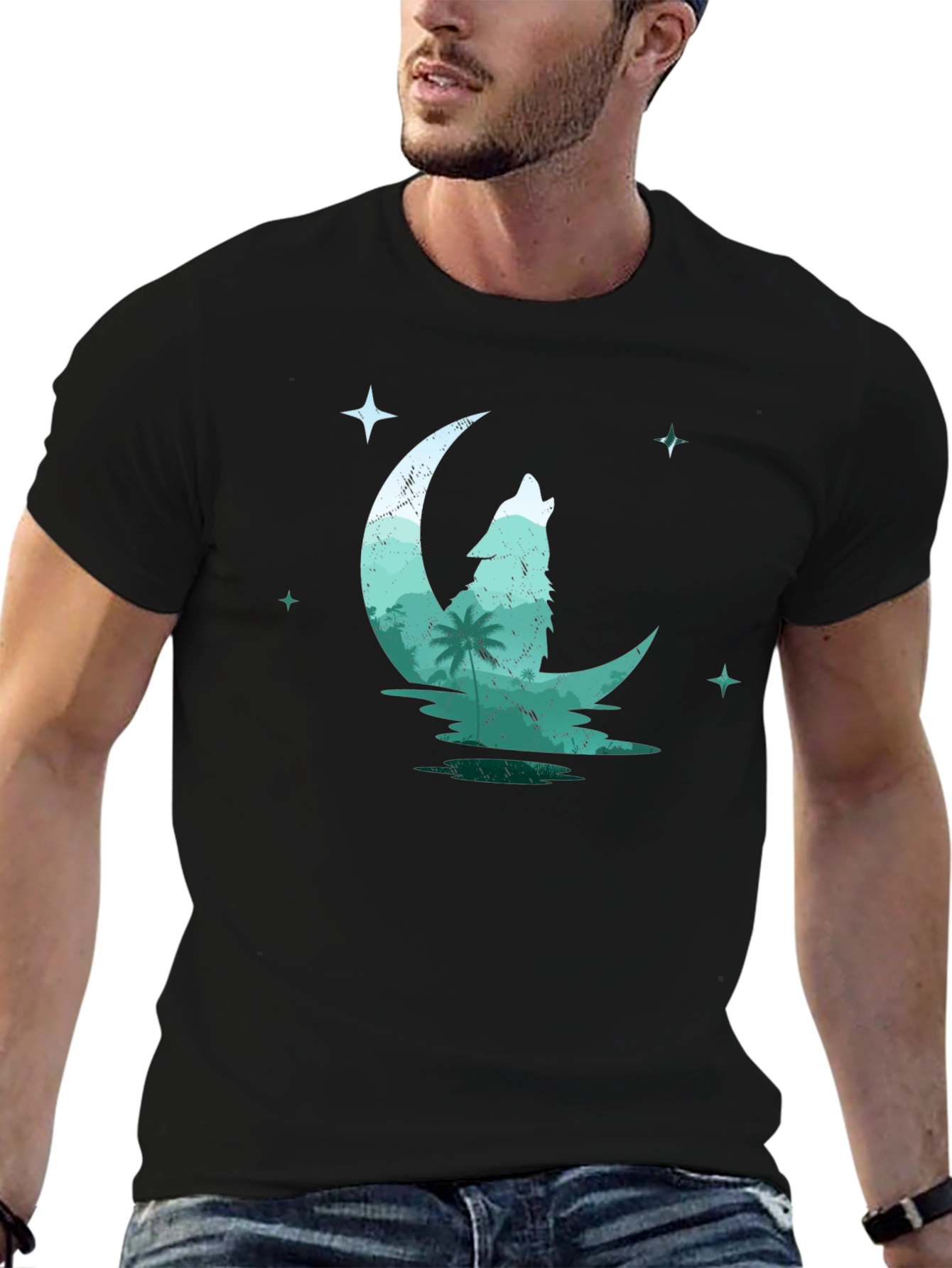 Black Wolf Moon Graphic Tee - Black Cotton T-Shirt view 6