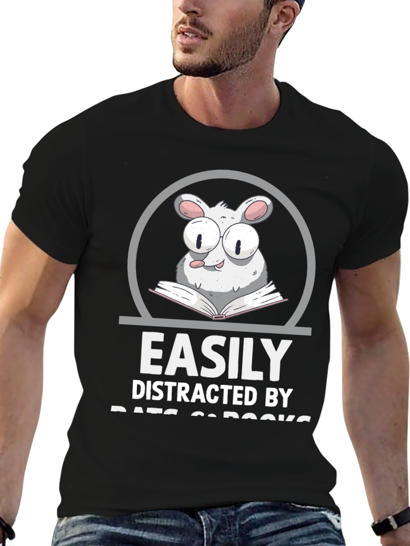 Black Easily Distracted By Rats & Books T-Shirt view 6
