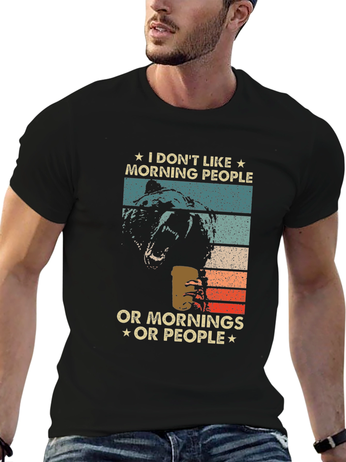 Black Funny "I Don't Like Morning People" Bear T-Shirt view 6