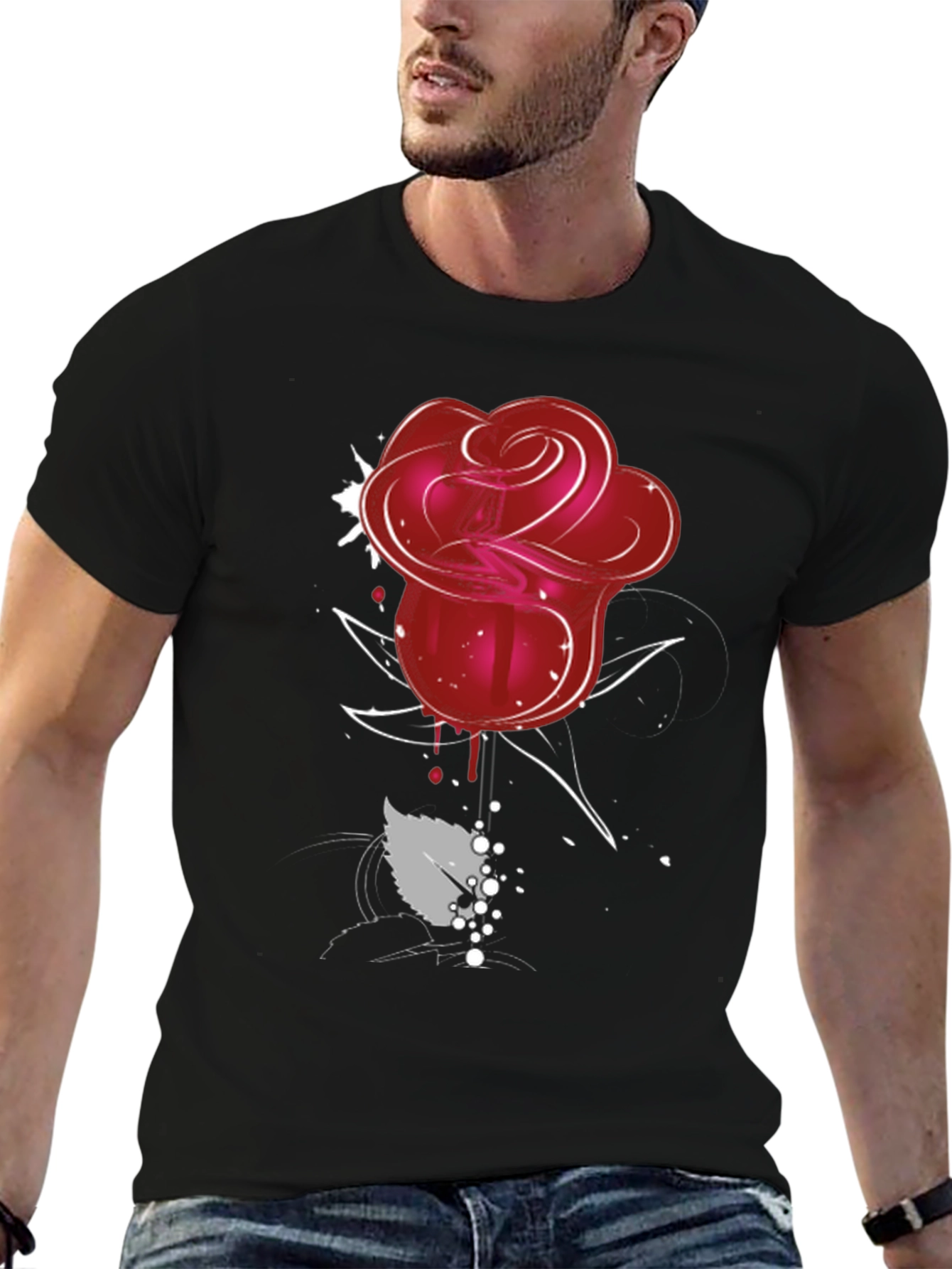 Black Red Rose Graphic Tee - Men's Black T-Shirt view 6