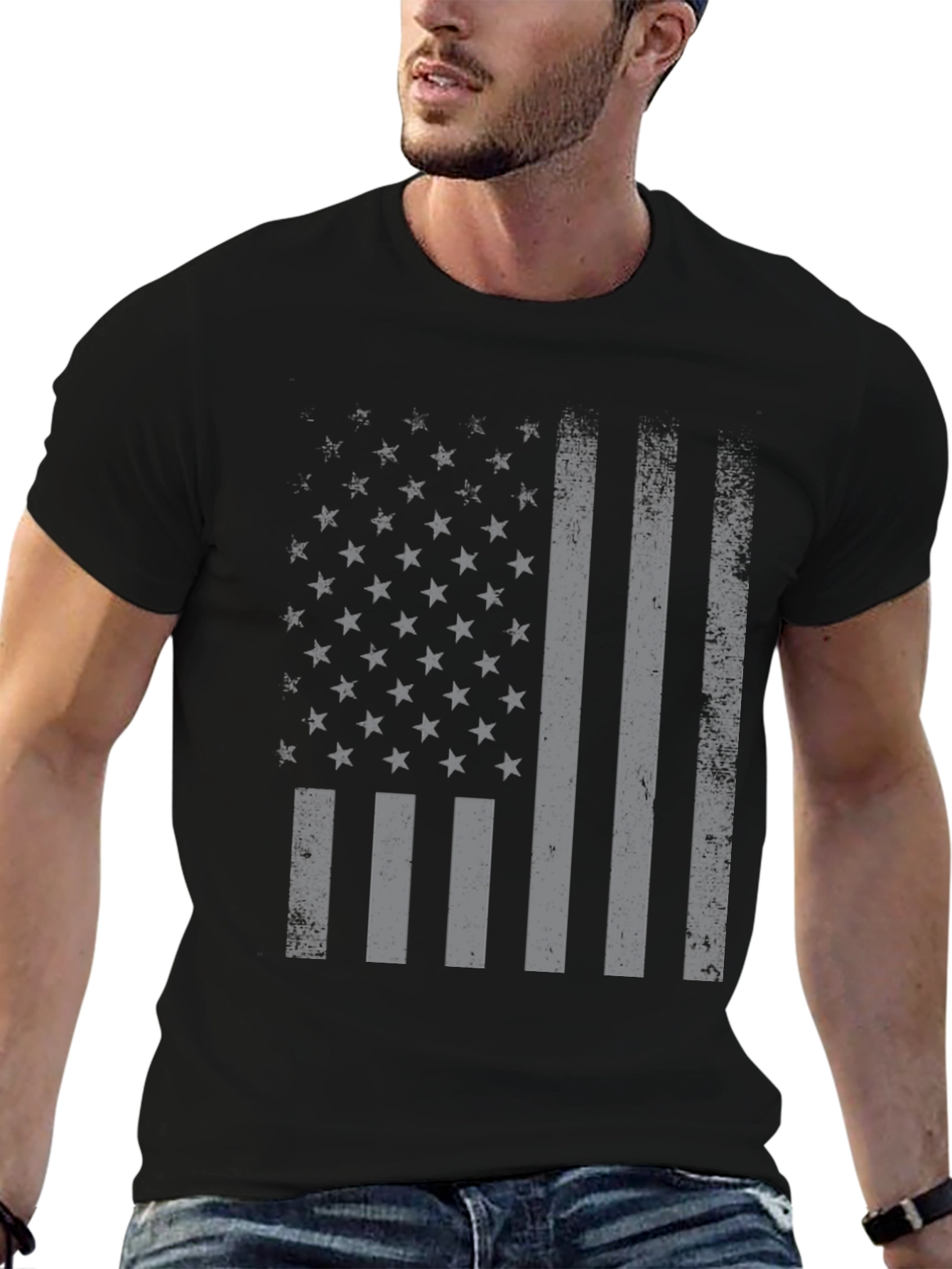 Black Distressed American Flag Graphic T-Shirt view 6