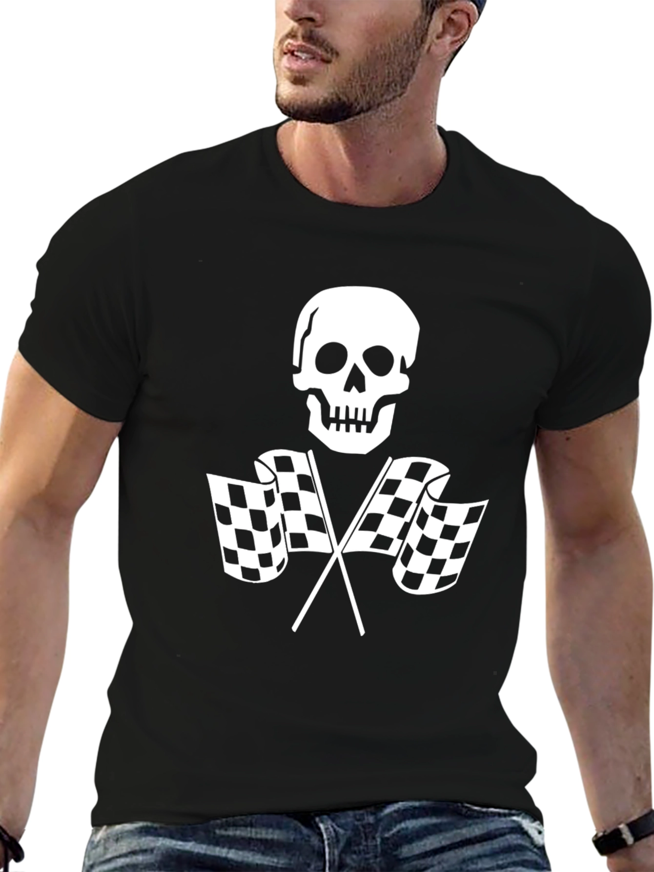 Black Skull & Checkered Flags Graphic Tee view 6