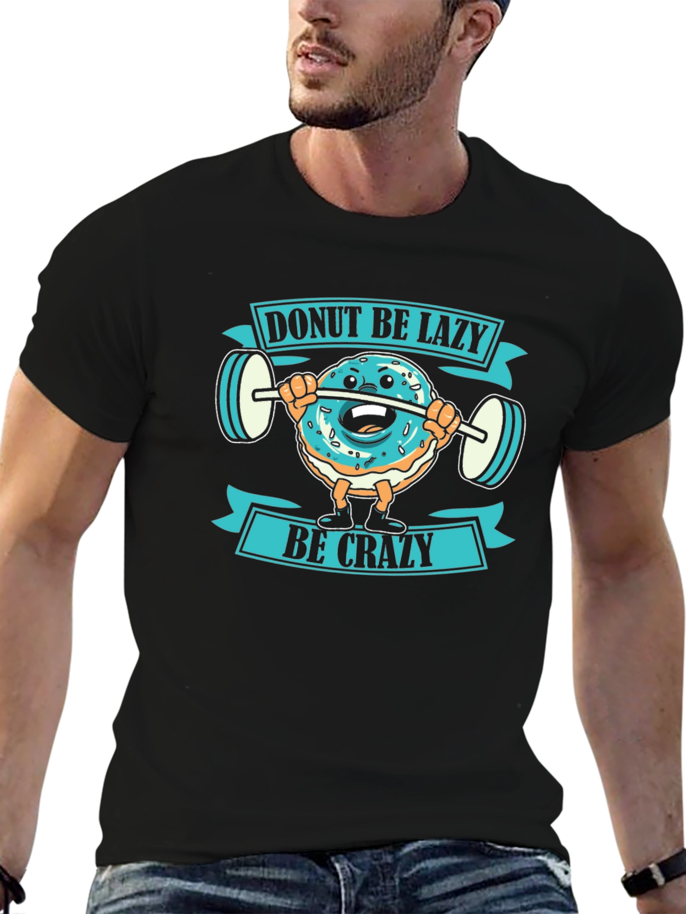 Black Donut Be Lazy Graphic T-Shirt - Funny Workout Tee view 6