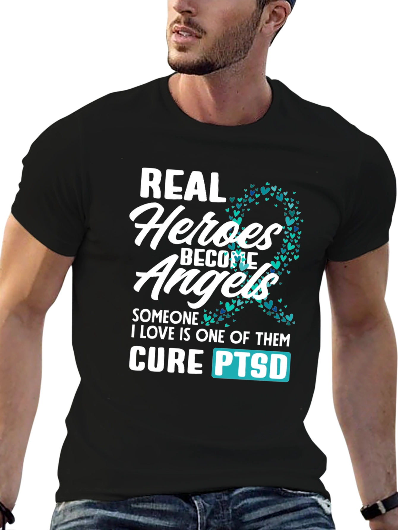Black Real Heroes Become Angels PTSD Awareness T-Shirt view 6