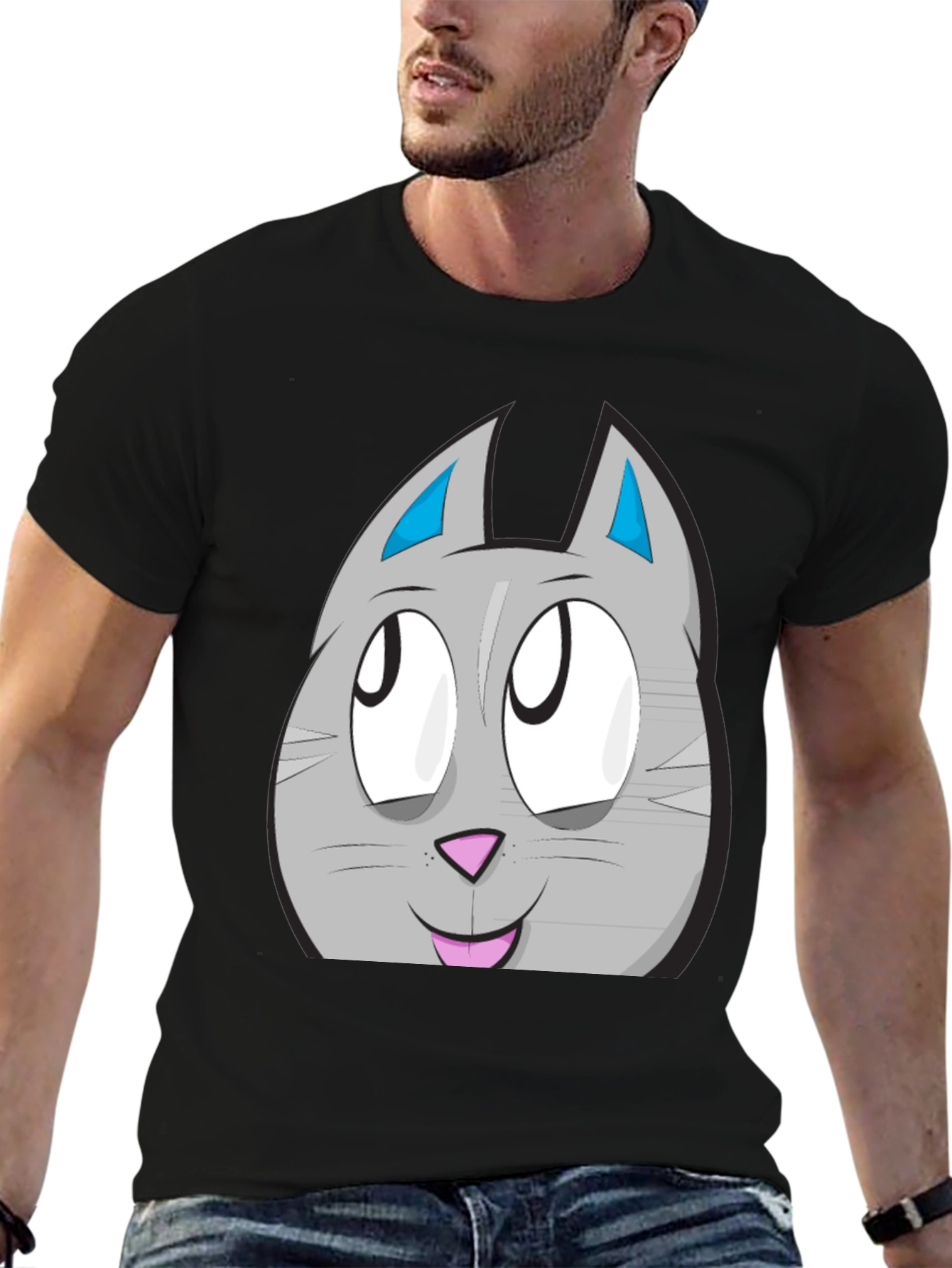 Black Cartoon Cat Face Graphic Tee - Unisex Black T-Shirt view 6