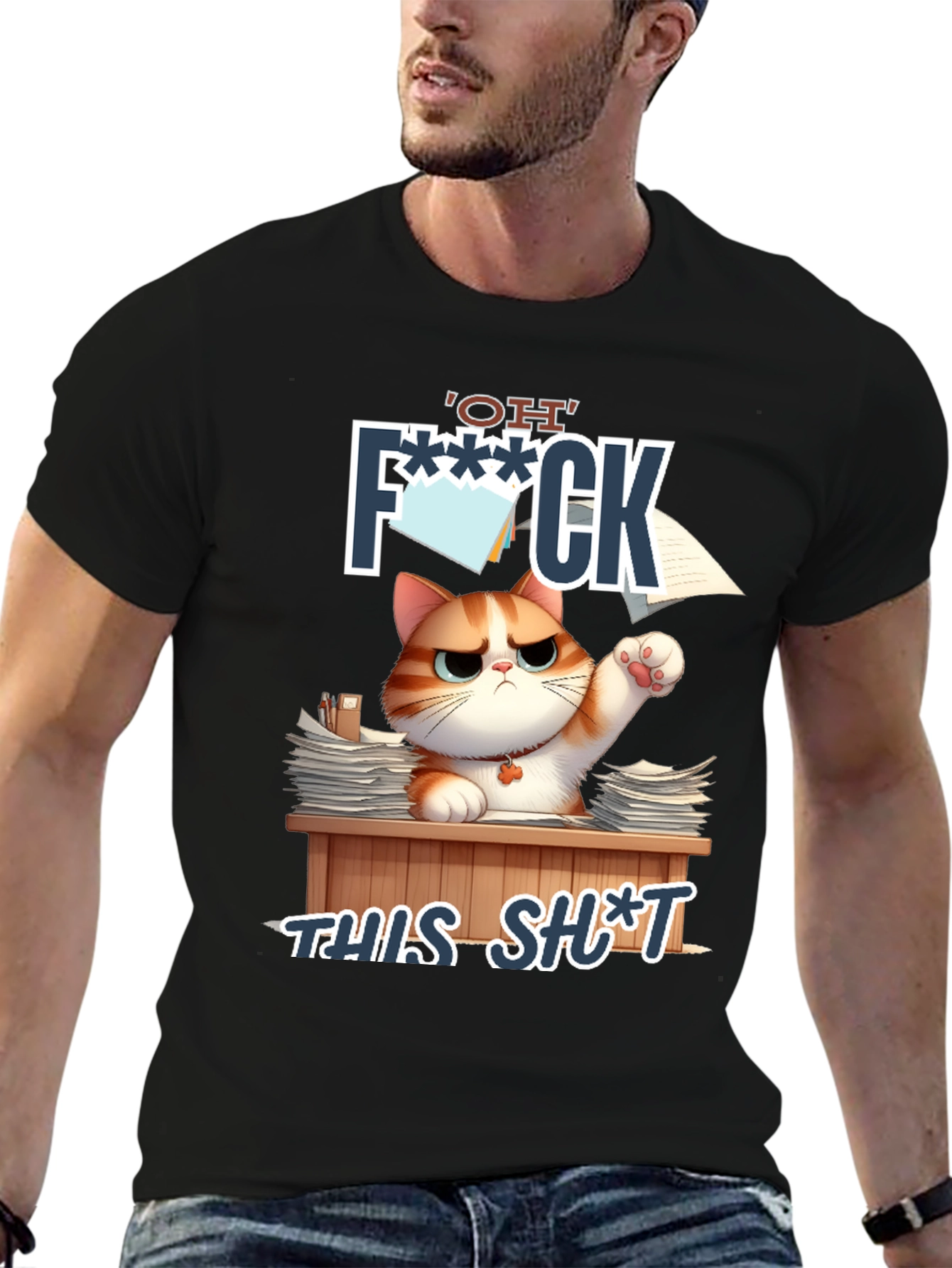 Black Funny Cat 'OH F*** THIS S***' Graphic T-Shirt view 6