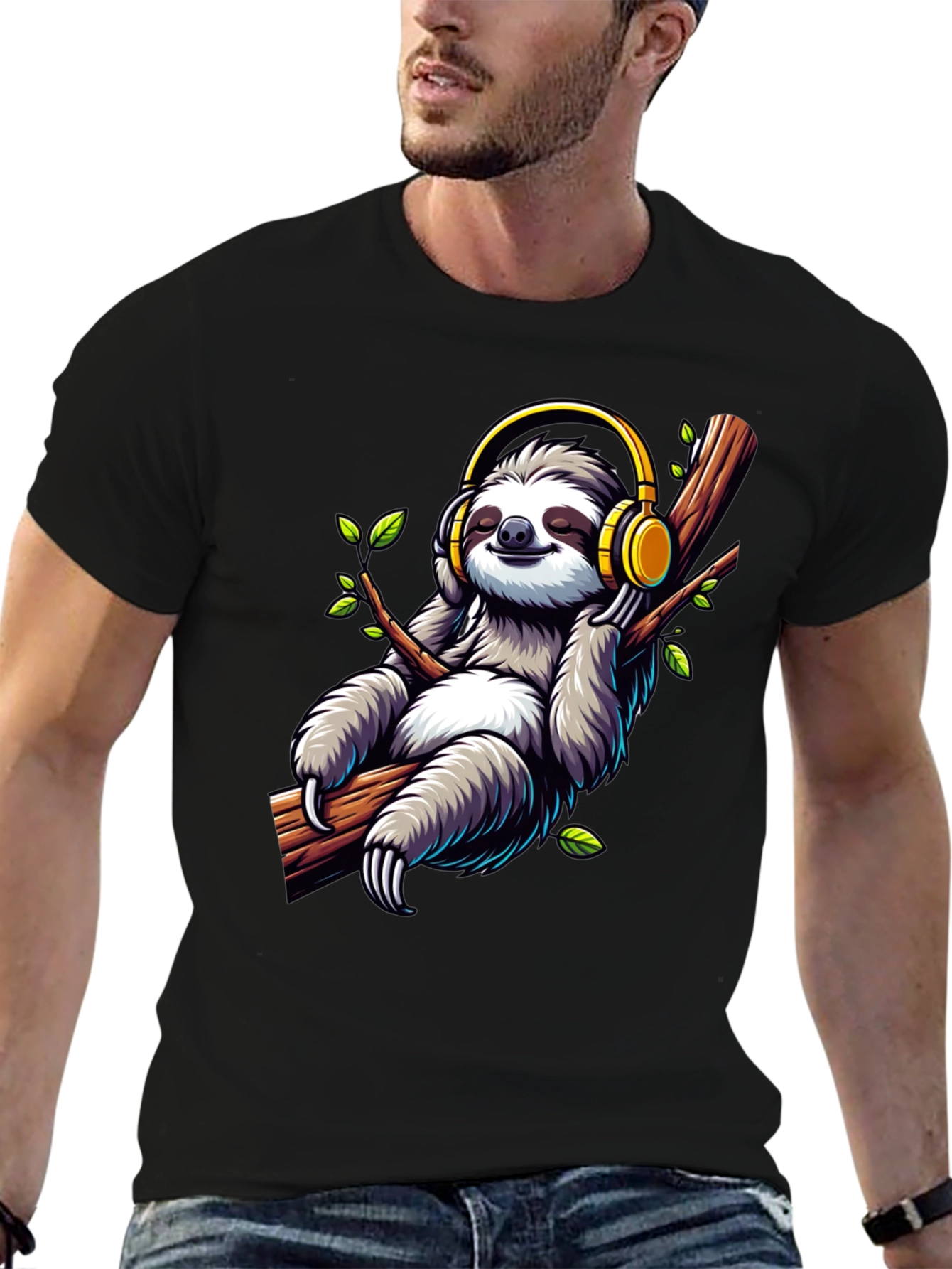 Black Sloth with Headphones Graphic T-Shirt view 6