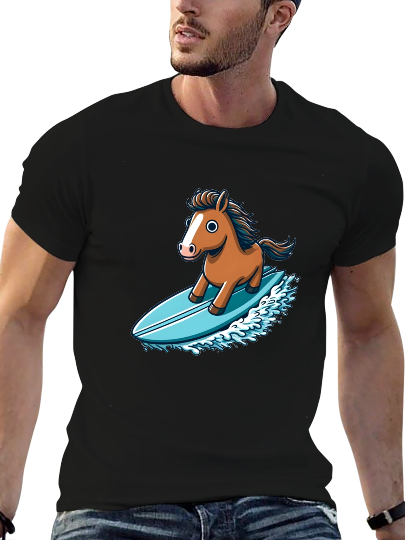 Black Horse Surfing T-Shirt - Unique Cartoon Design view 6