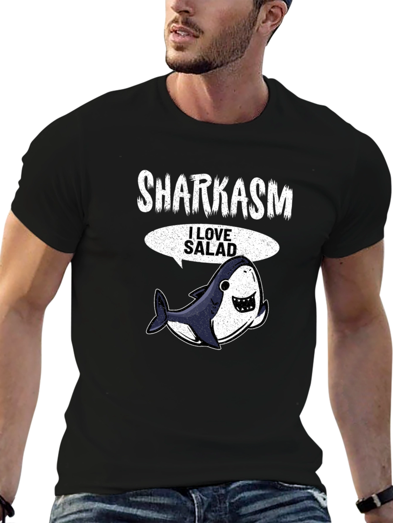 Black Sharkasm I Love Salad Men's Black T-Shirt view 6