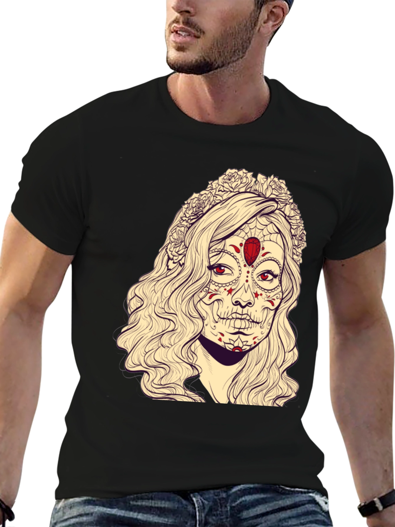 Black Sugar Skull Woman Graphic Tee - Black Cotton T-Shirt view 6