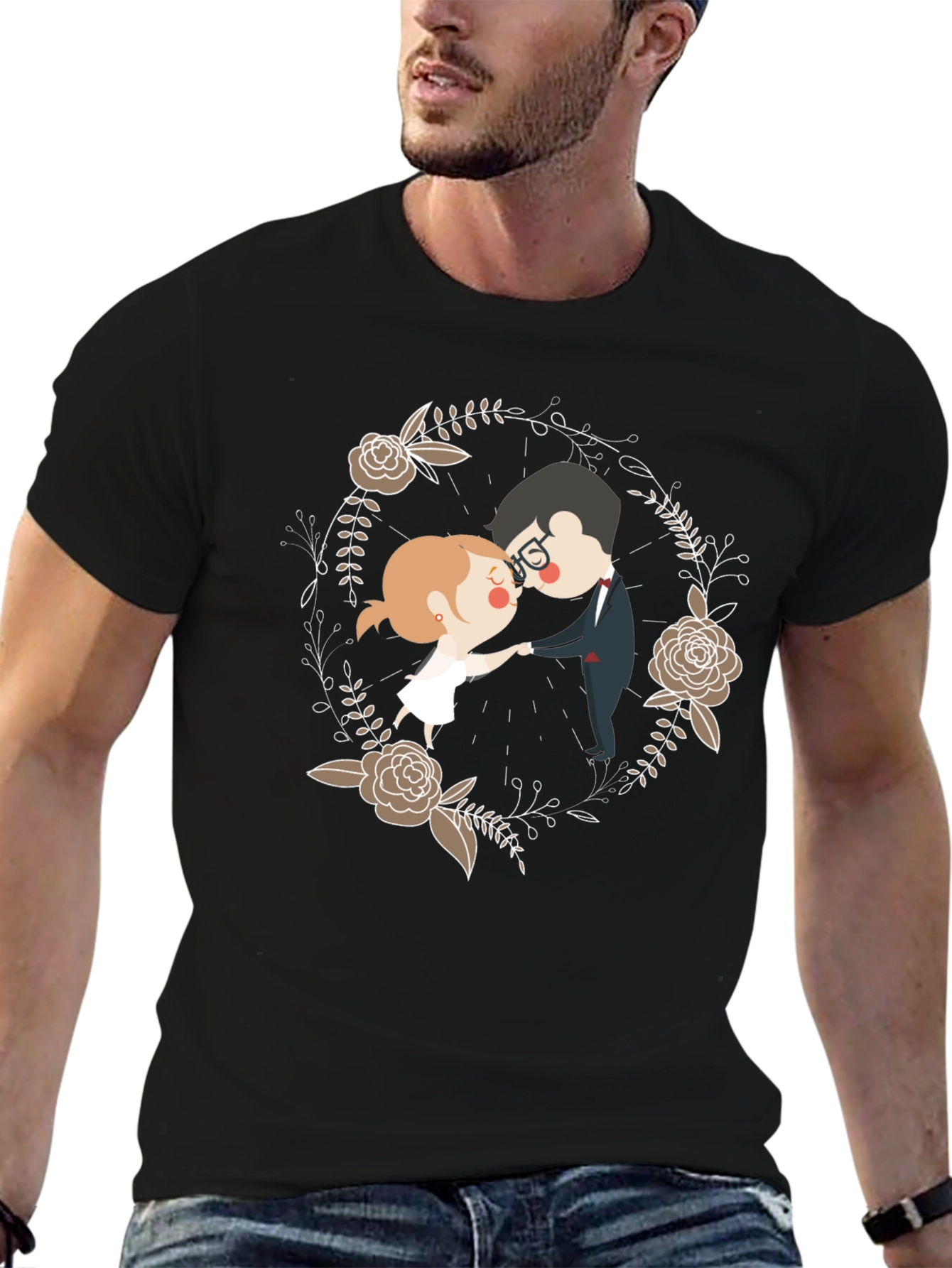 Black Romantic Couple Floral Wreath T-Shirt view 6