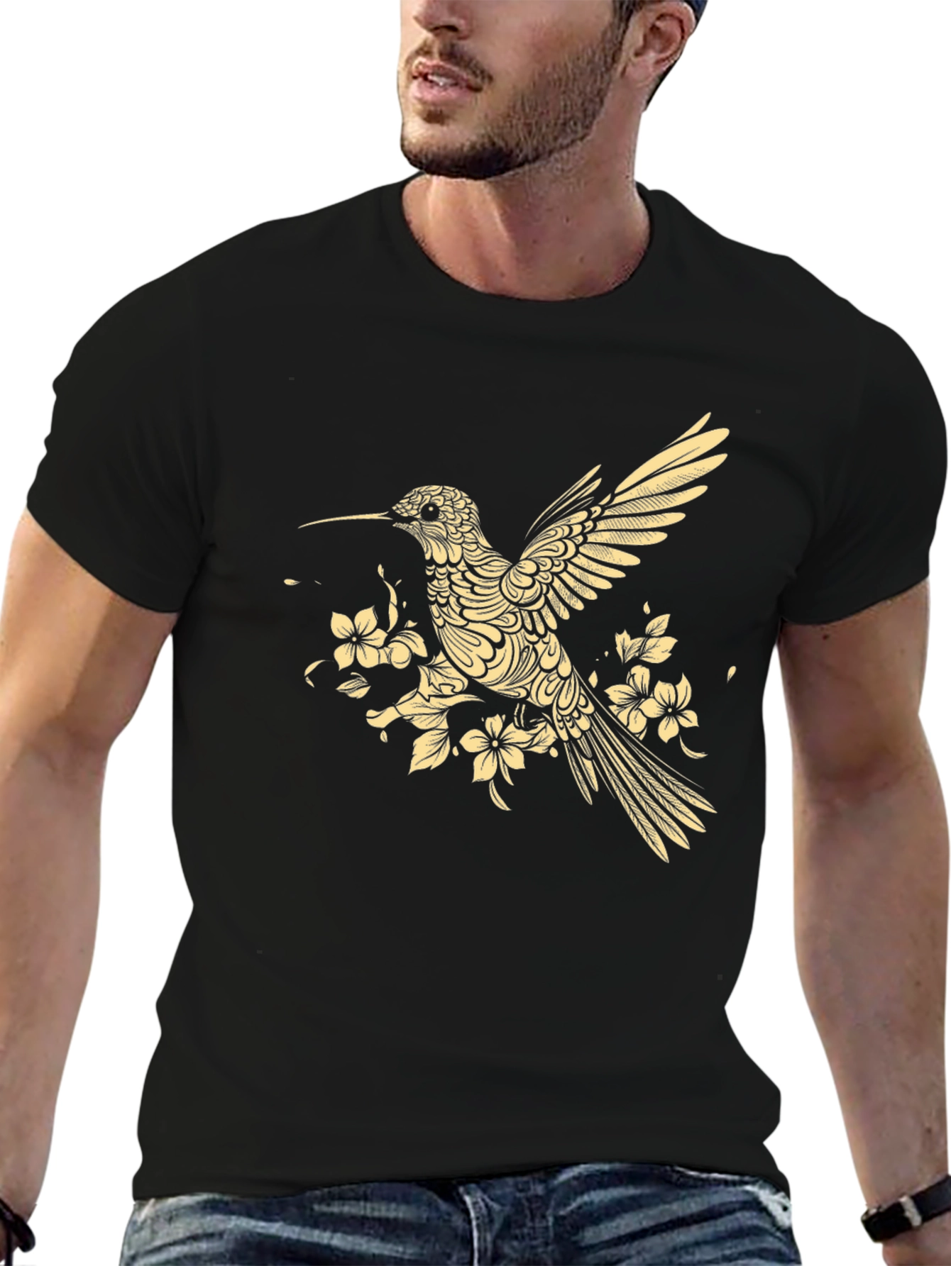 Black Hummingbird Floral Graphic T-Shirt - Modern Style view 6