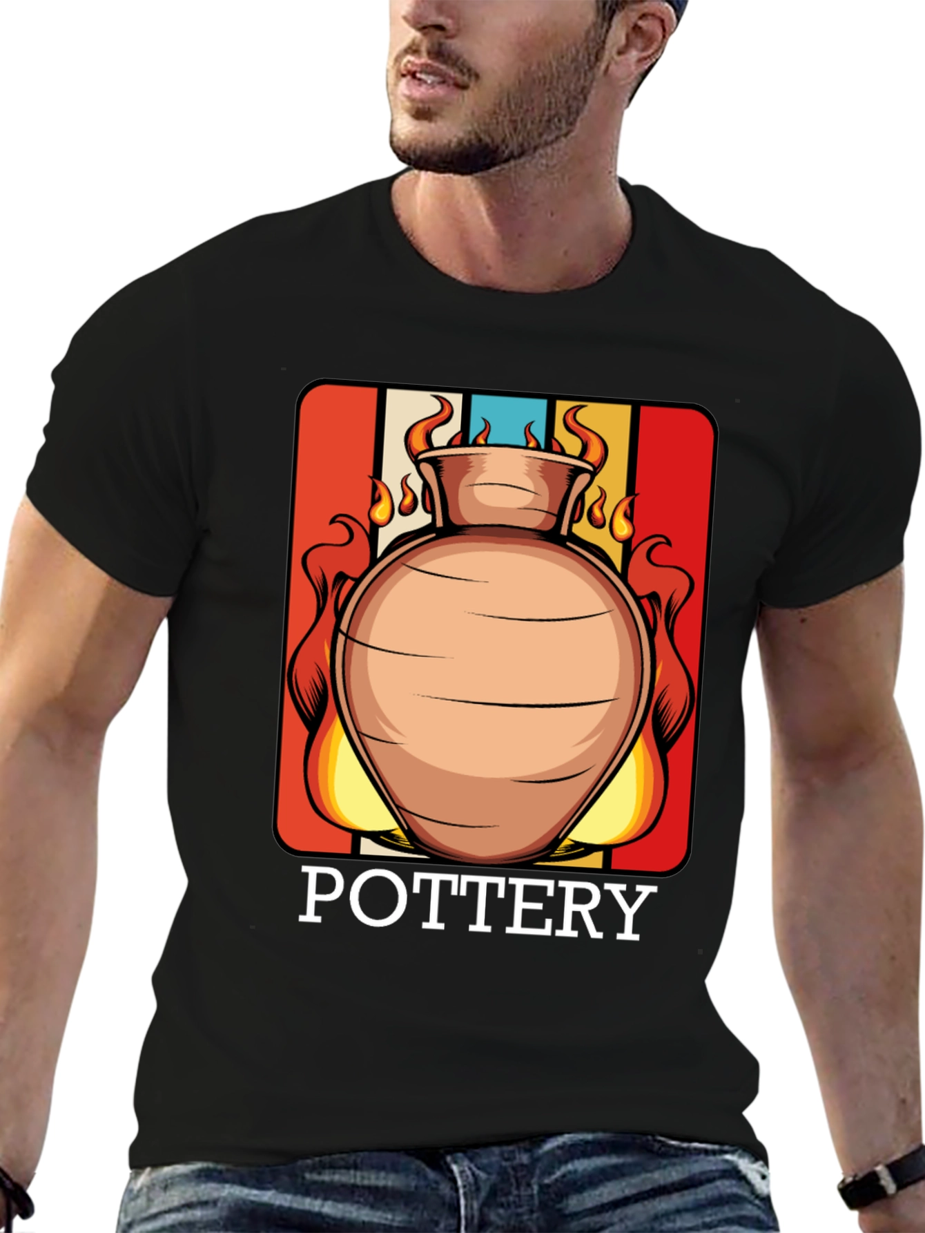 Black Pottery T-Shirt - Retro Clay Vase Design view 6