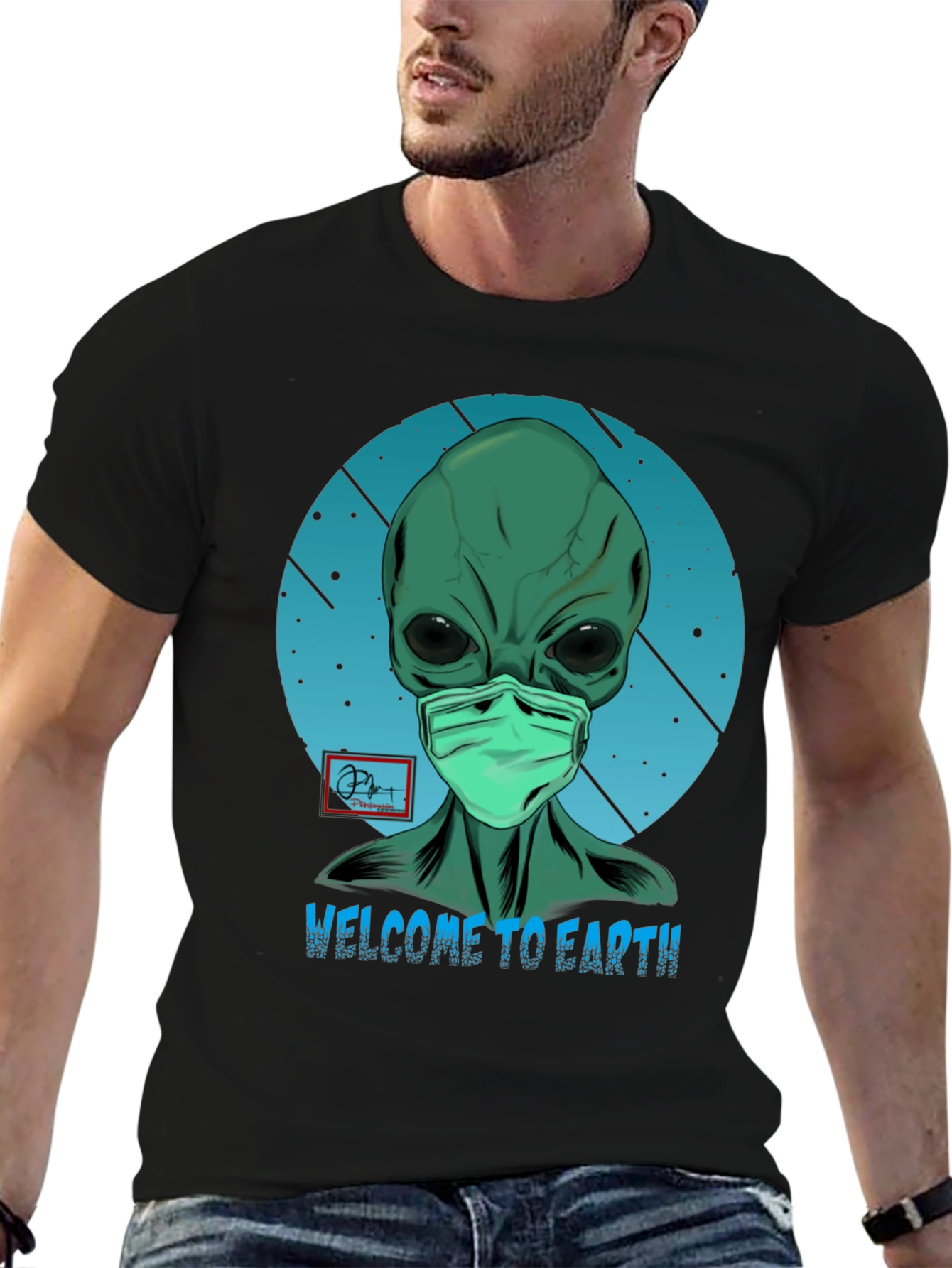 Black Welcome Alien T-Shirt - Funny Graphic Tee view 6