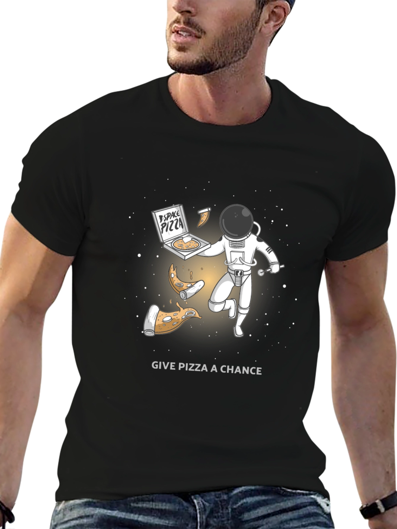 Black Space Pizza T-Shirt - Funny Astronaut Graphic Tee view 6