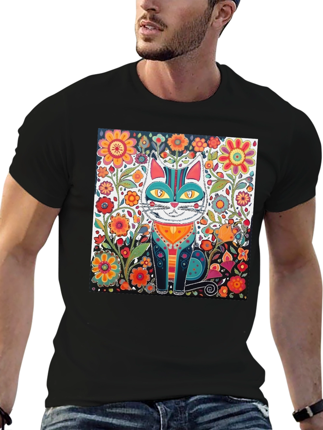 Black Floral Cat Graphic Tee - Unique Design view 6