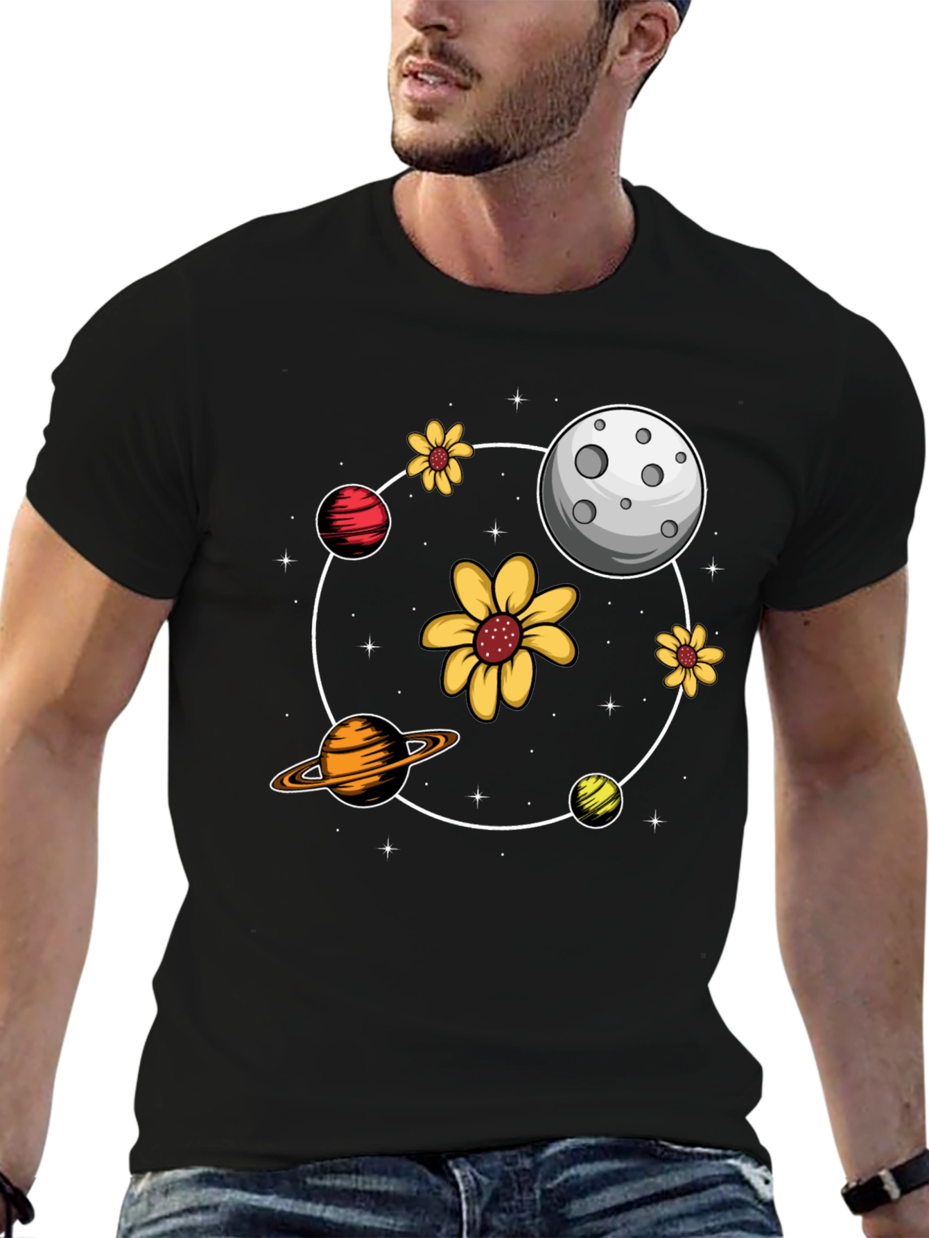 Black Planetary Flower Power Black T-Shirt view 6