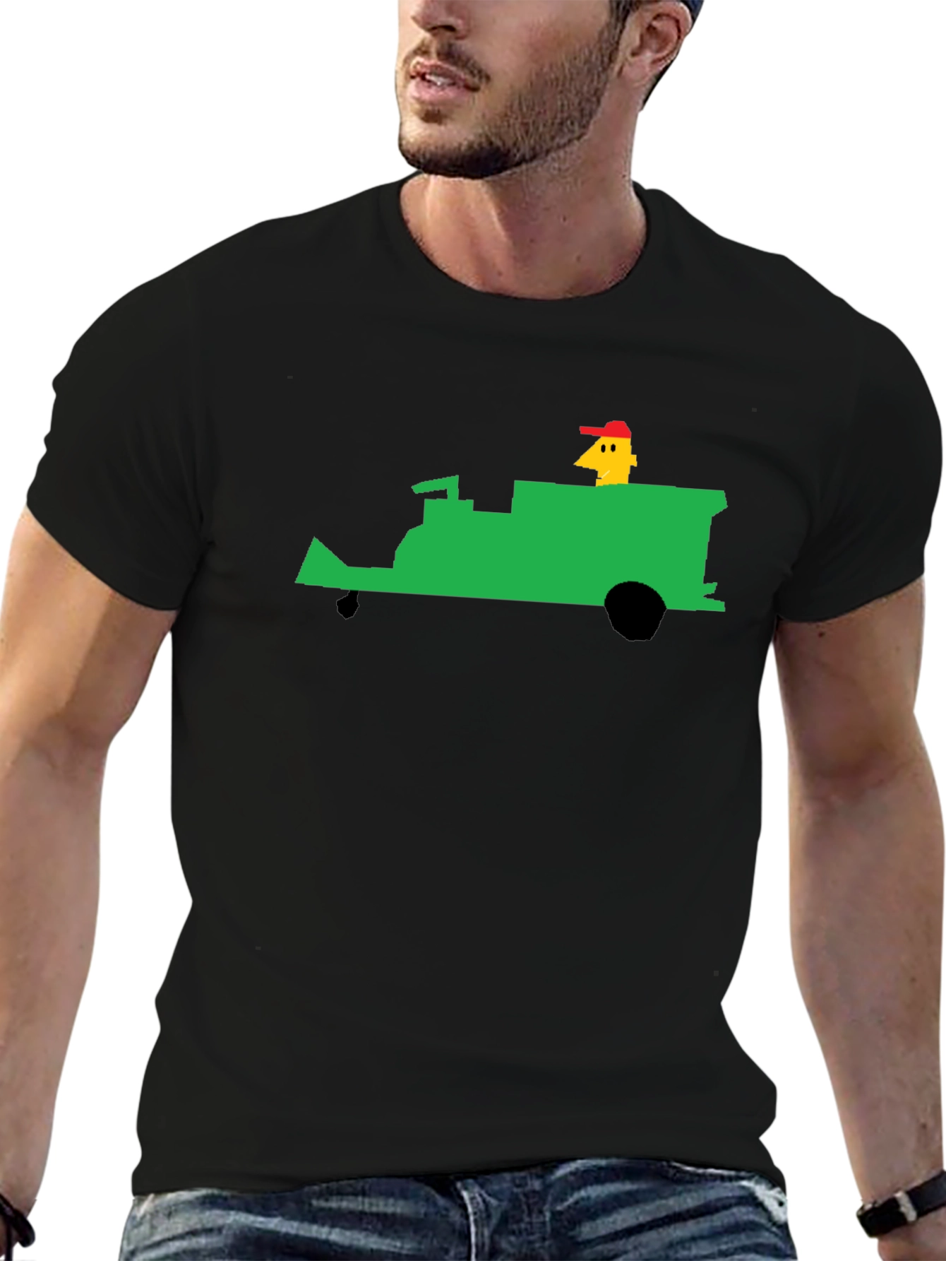 Black Retro T-Shirt: Pixelated Green Tractor Ride view 6