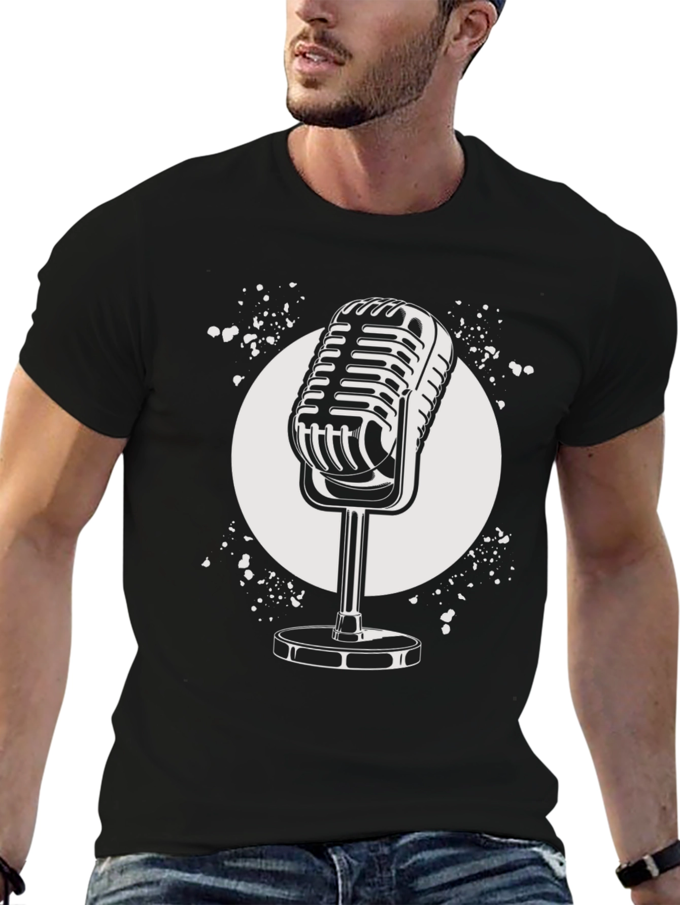 Black Vintage Microphone Graphic Tee - Retro Style Black T-Shirt view 6