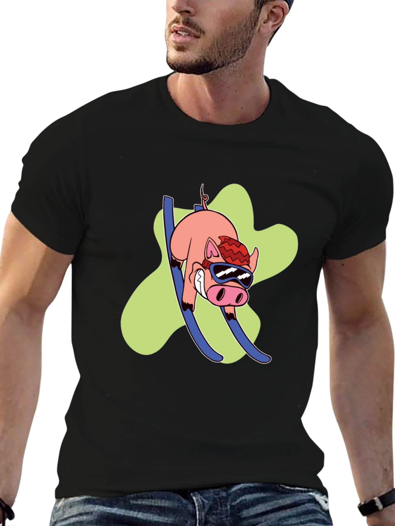 Black Skiing Pig Graphic Tee - Black Crew Neck T-Shirt view 6