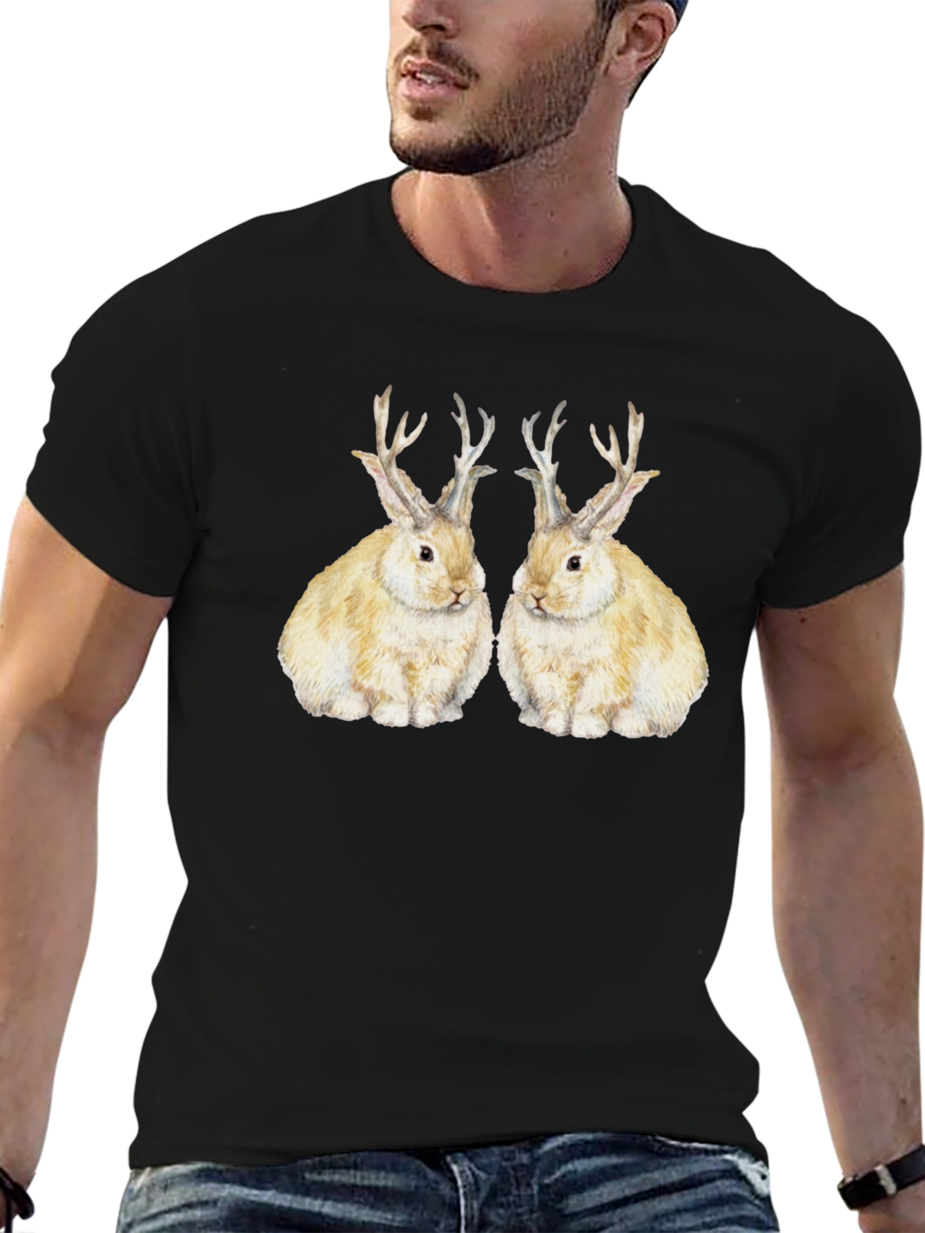 Black Rabbit With Antlers Graphic Tee view 6